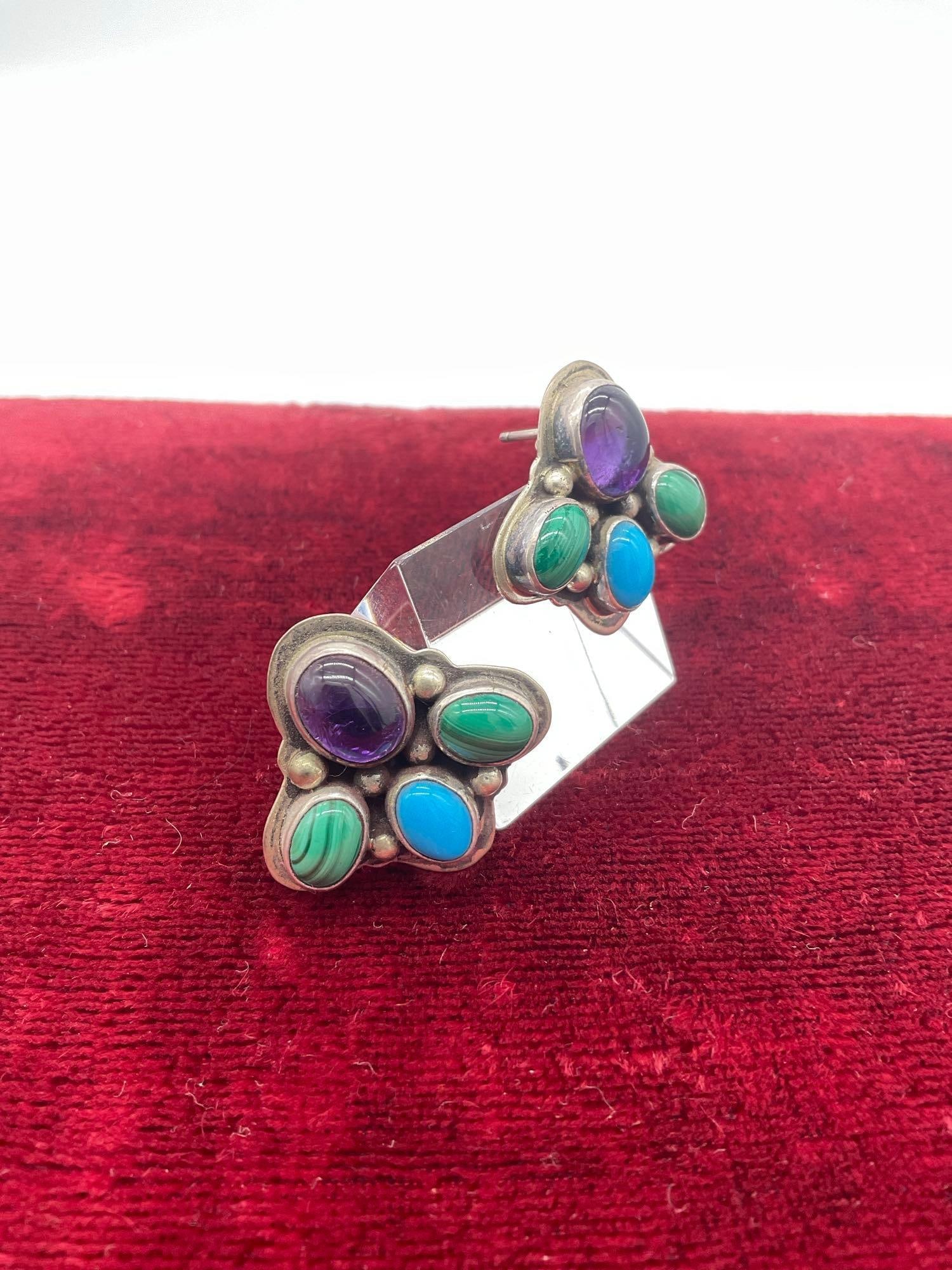 Vintage Sterling silver NAKAI Native American colorful stud earrings w/ turquoise & malachite - 2