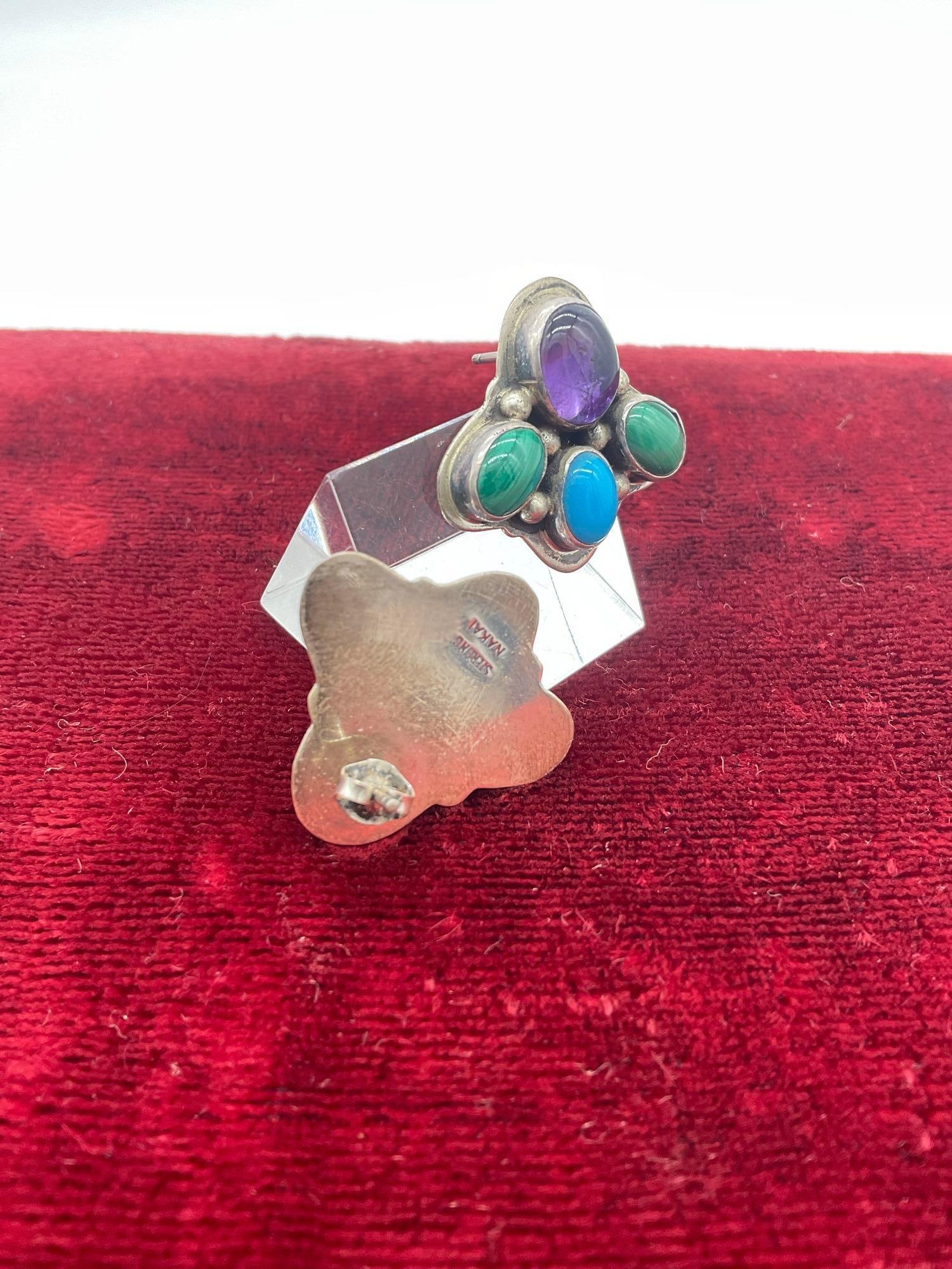 Vintage Sterling silver NAKAI Native American colorful stud earrings w/ turquoise & malachite - 3