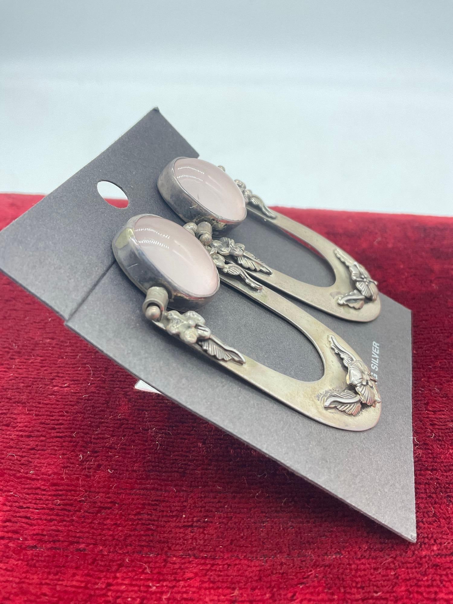 Vintage 1990 sterling silver Carol Felley floral concho dangle earrings w/ pink quartz setting - 2