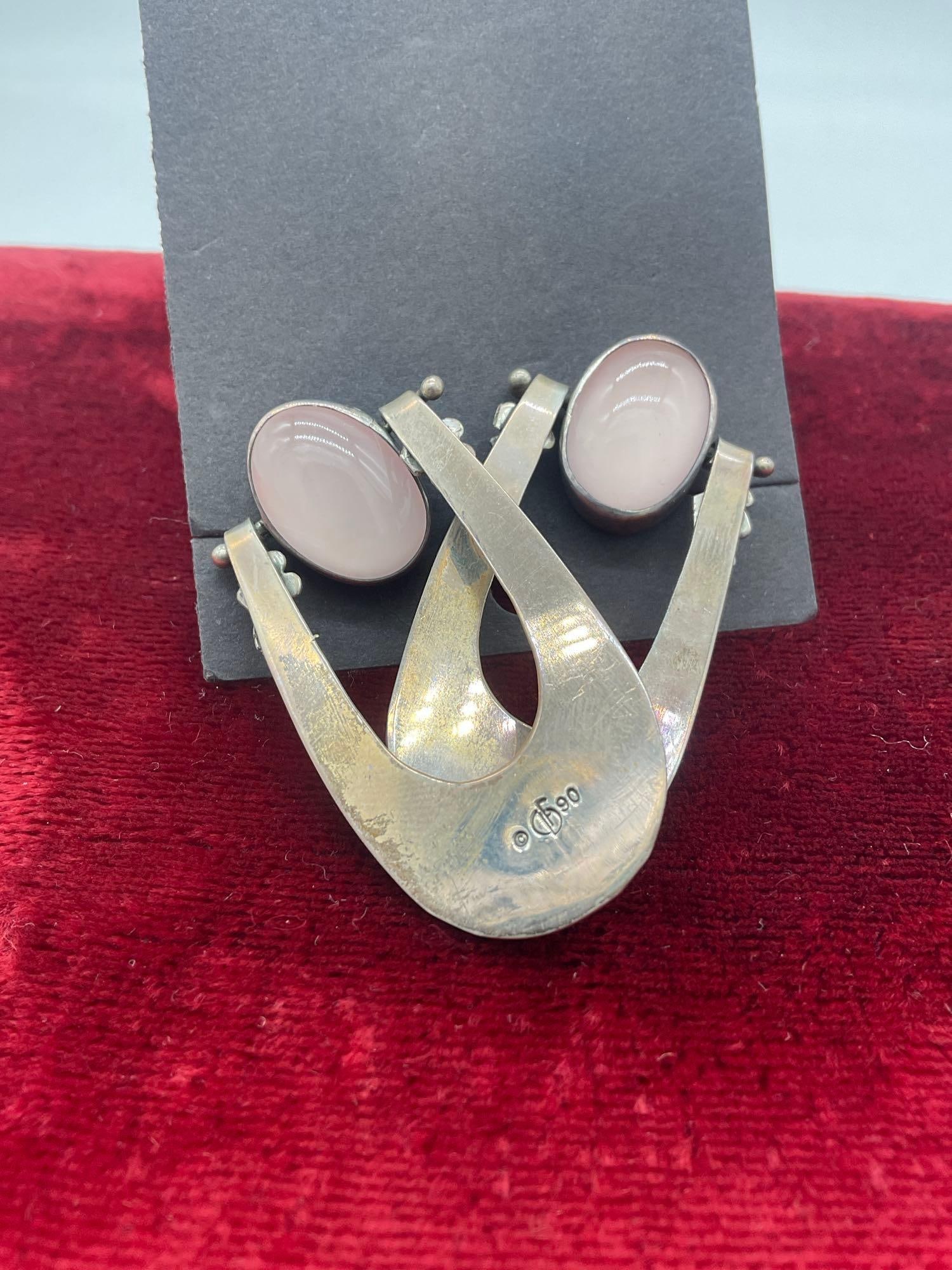 Vintage 1990 sterling silver Carol Felley floral concho dangle earrings w/ pink quartz setting - 3