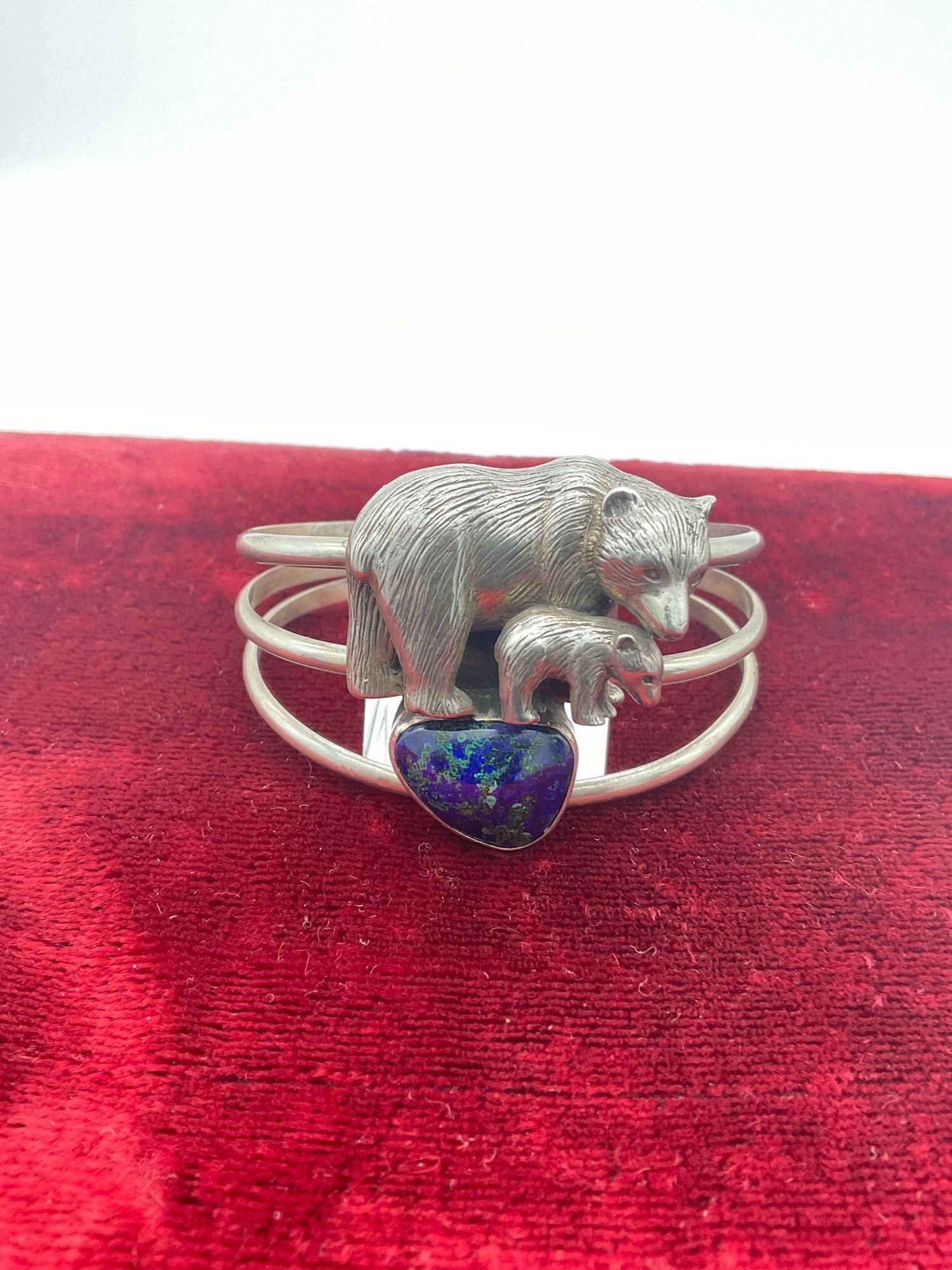 Carol Felley high end sterling silver heavy Bear & Bear Club cuff bracelet w/ turquoise: 43.3 grams originally priced $275 Jc-5320 