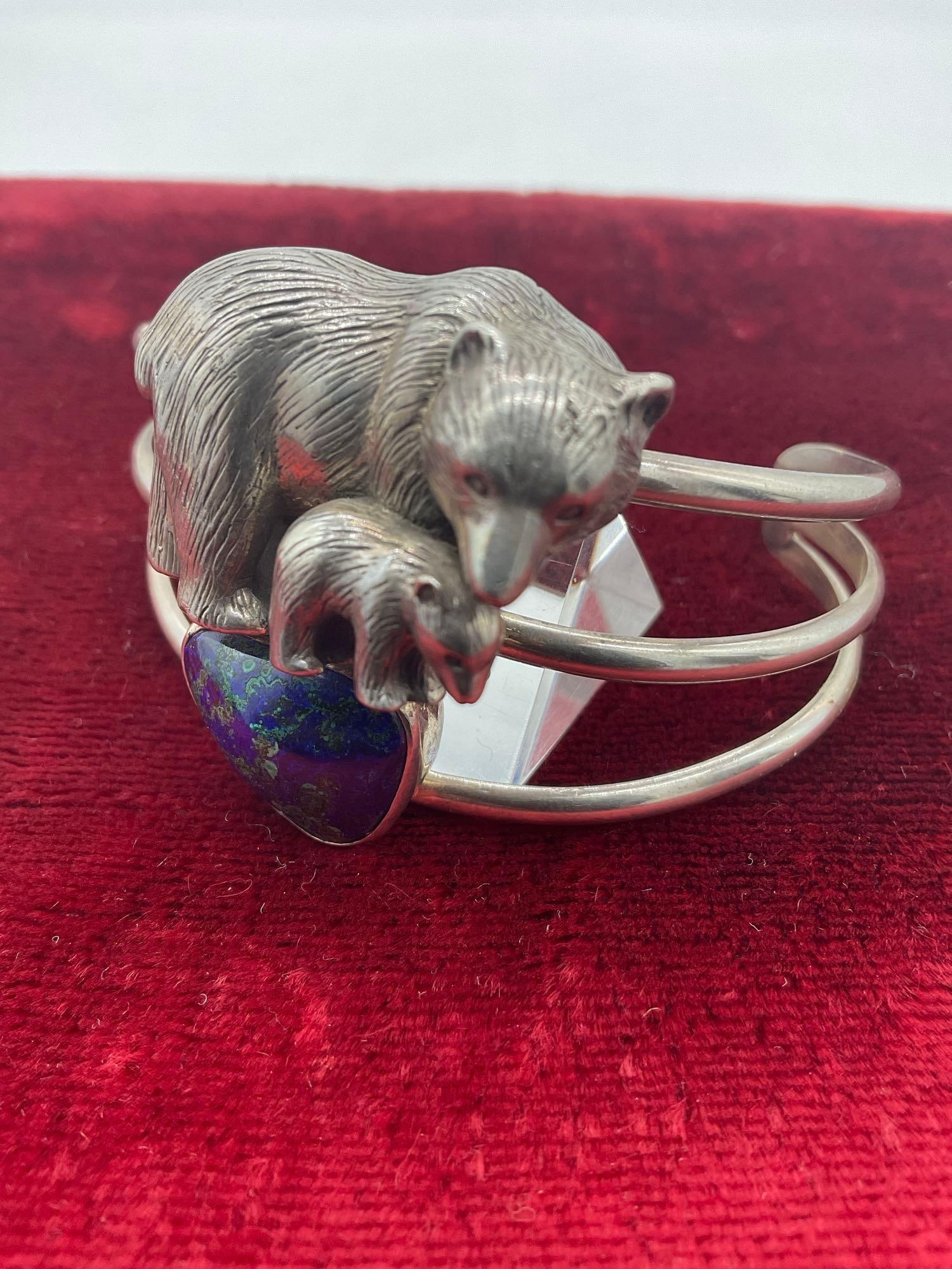 Carol Felley high end sterling silver heavy Bear & Bear Club cuff bracelet w/ turquoise - 2