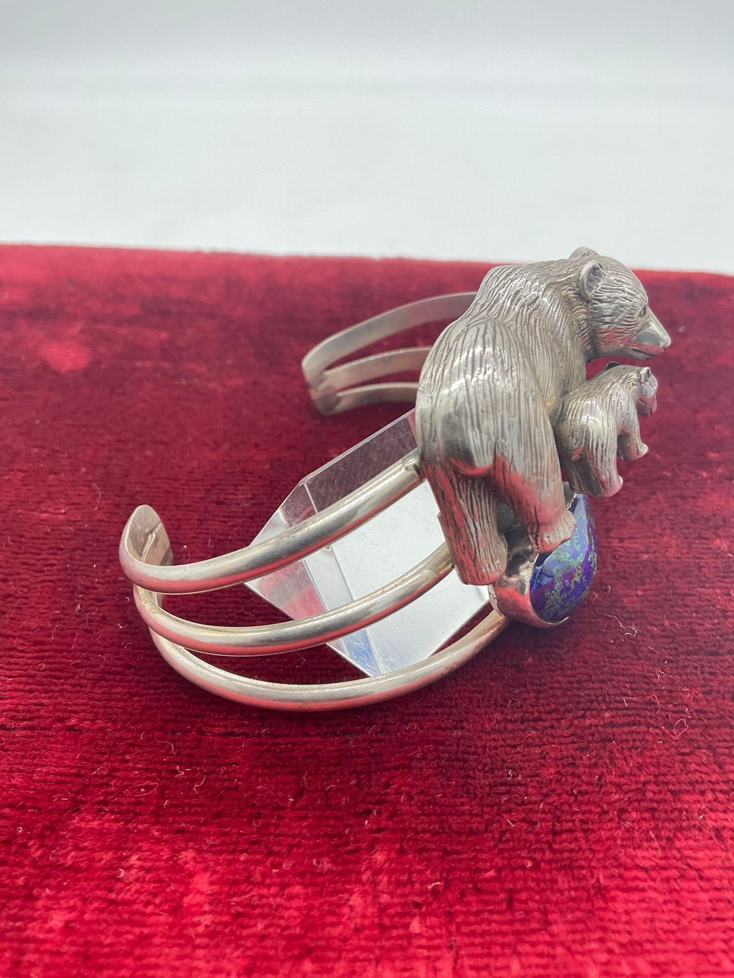 Carol Felley high end sterling silver heavy Bear & Bear Club cuff bracelet w/ turquoise - 3