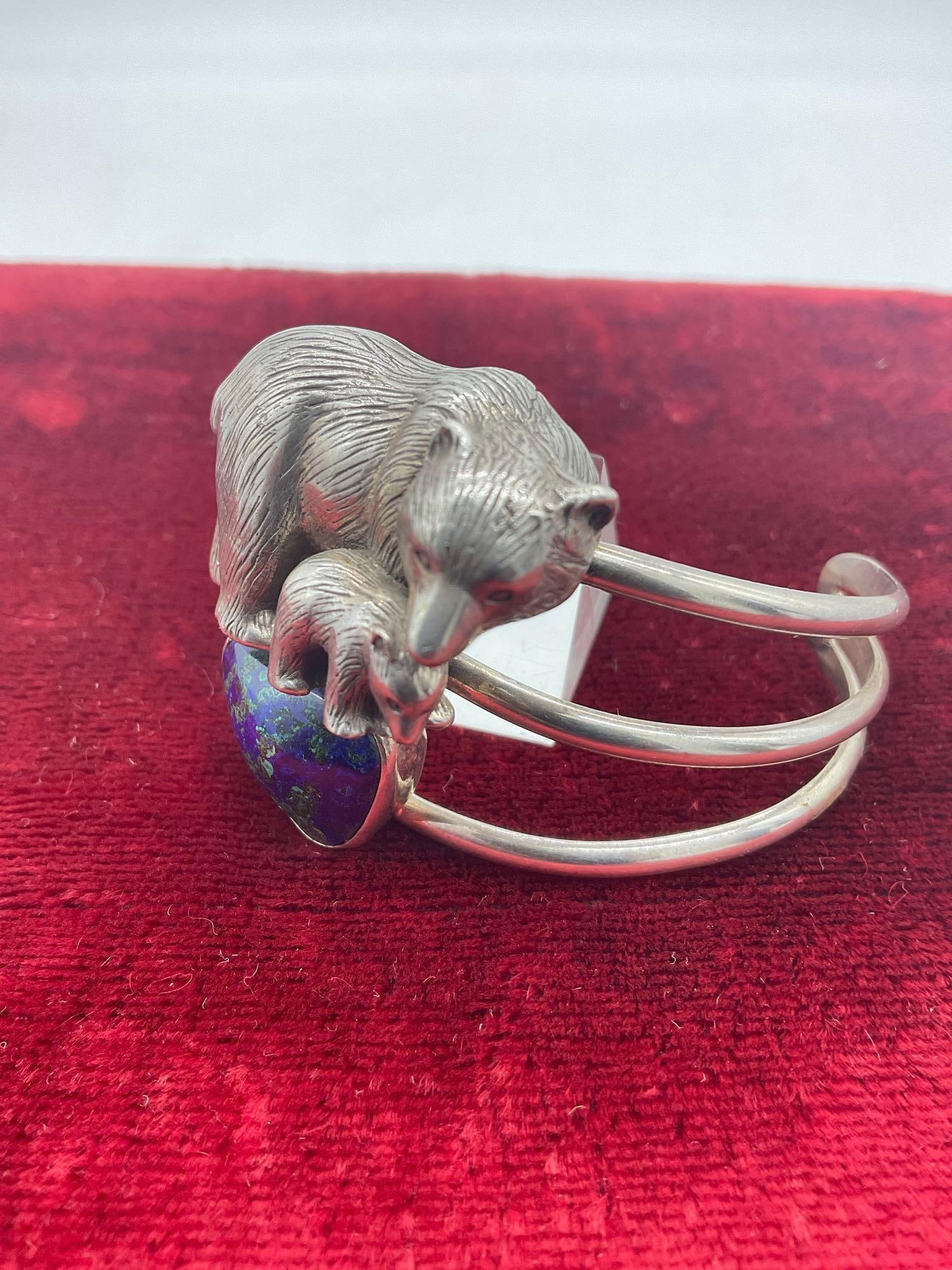 Carol Felley high end sterling silver heavy Bear & Bear Club cuff bracelet w/ turquoise - 4