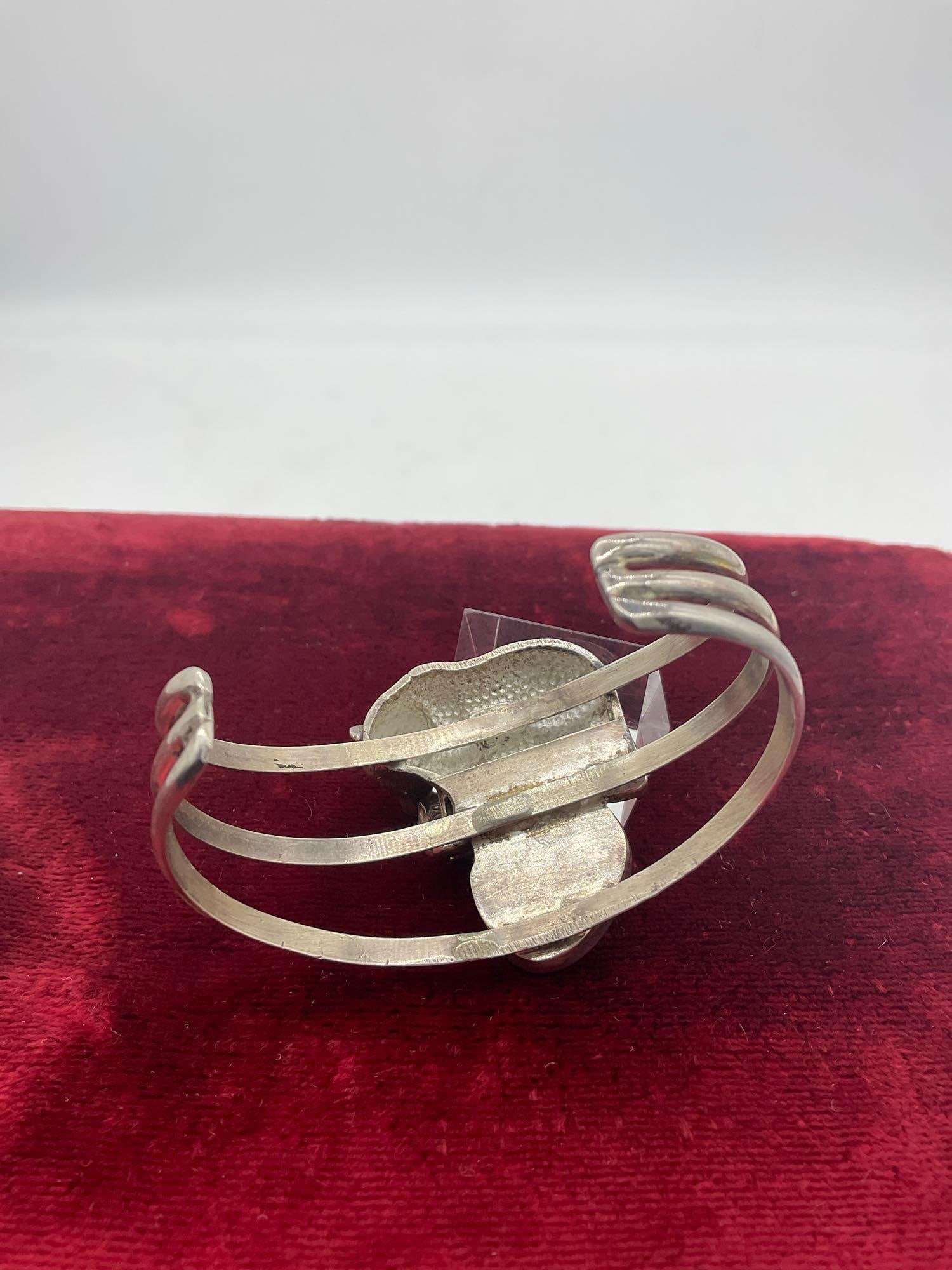 Carol Felley high end sterling silver heavy Bear & Bear Club cuff bracelet w/ turquoise - 5