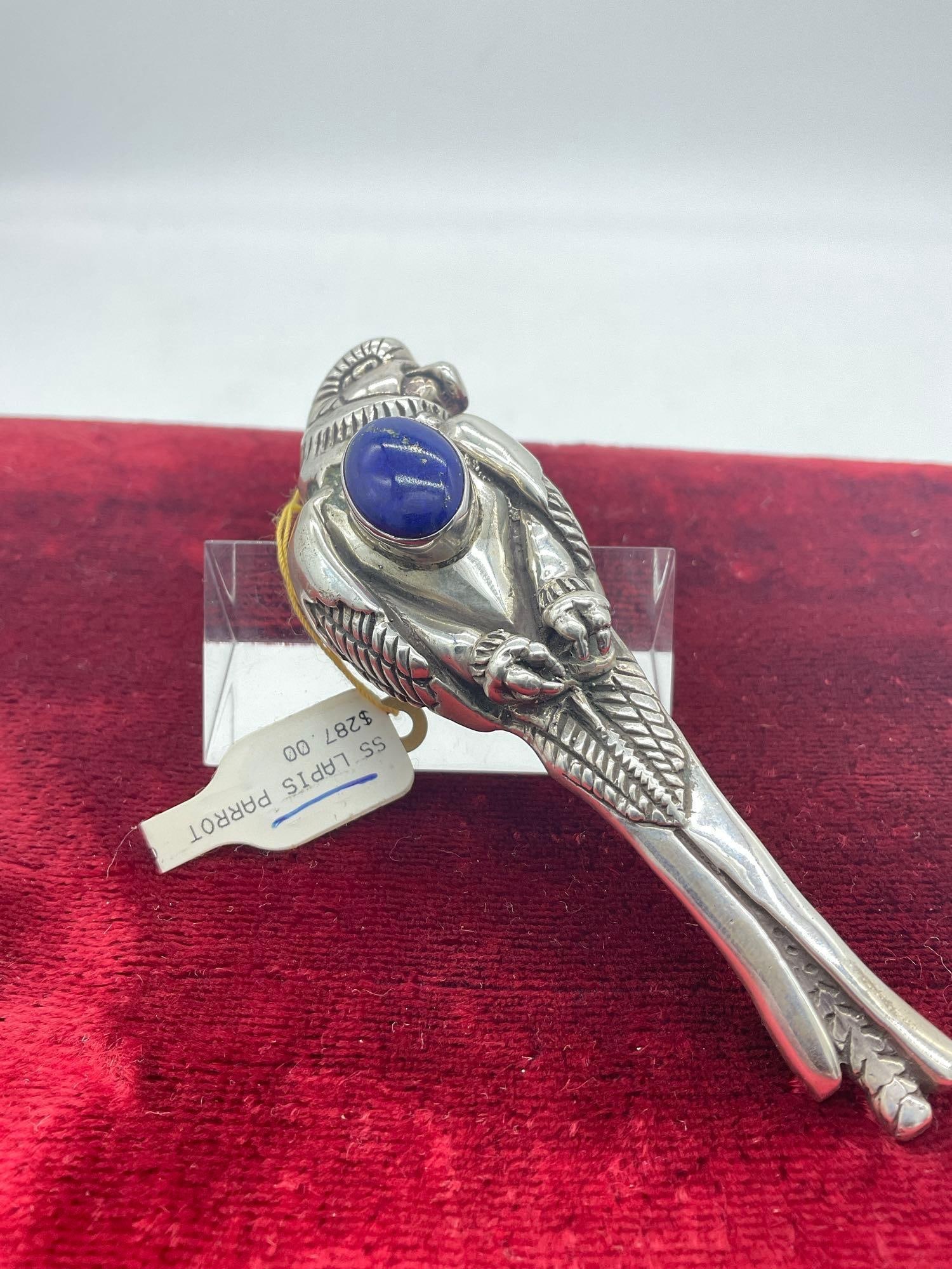 Large 4" long heavy sterling silver Parrot brooch w/ Lapis setting by Carol Felley 1989 - 40g: 40 grams Sterling, $287 price tag orig. Jc-5320 
