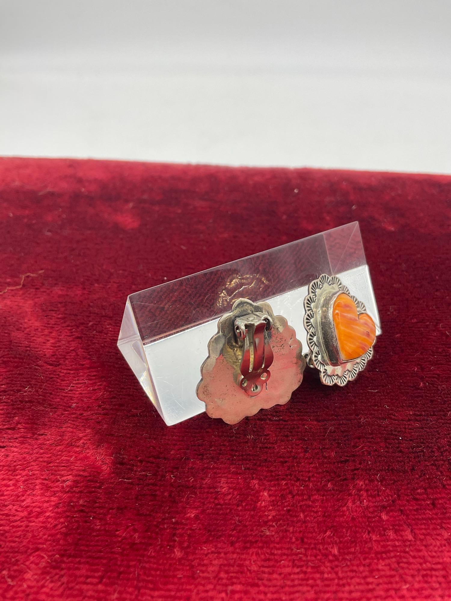 Pair of vtg. Native American spiny oyster shell heart shaped silver earrings signed I P Sterling - 2