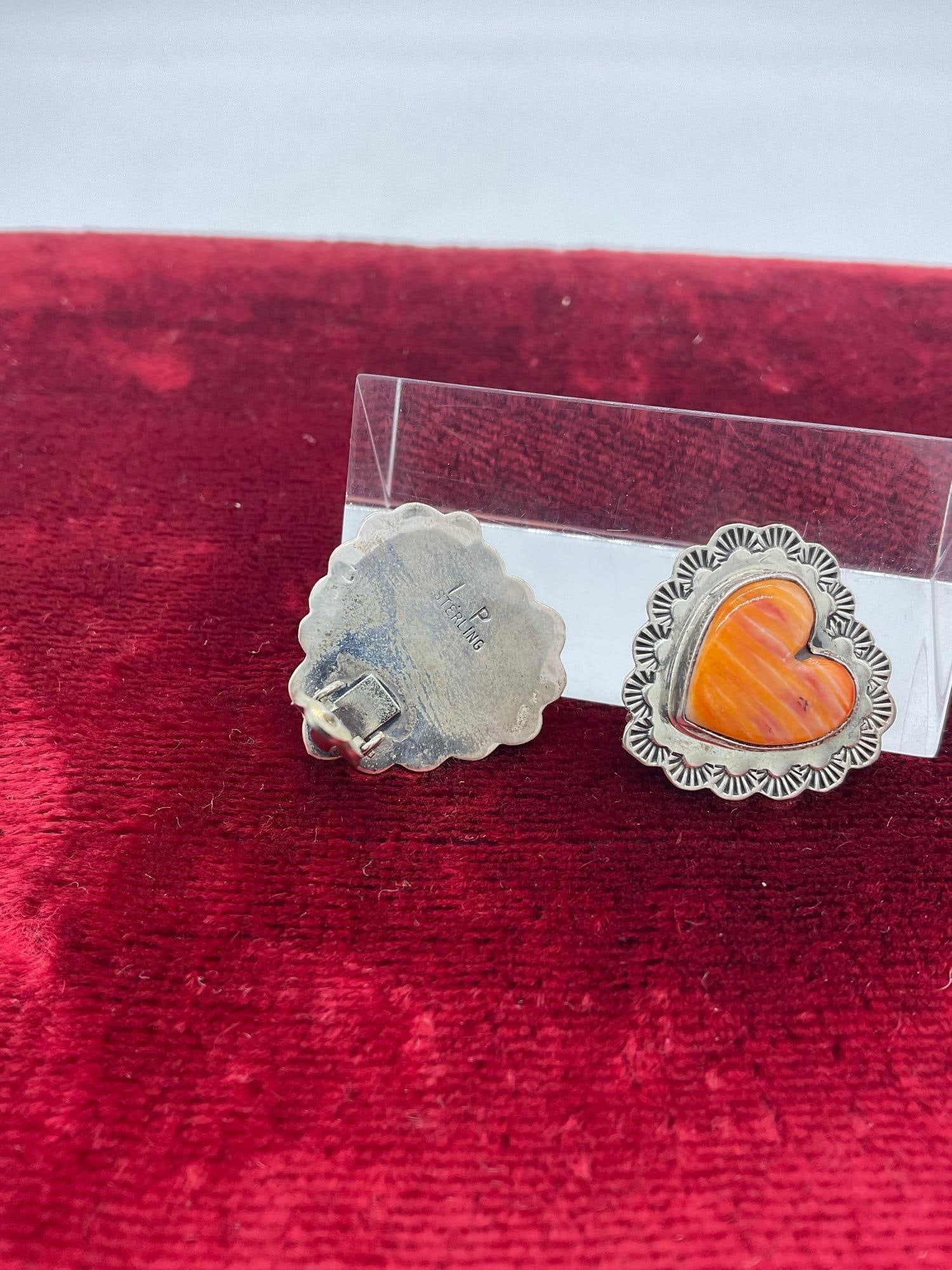 Pair of vtg. Native American spiny oyster shell heart shaped silver earrings signed I P Sterling - 3