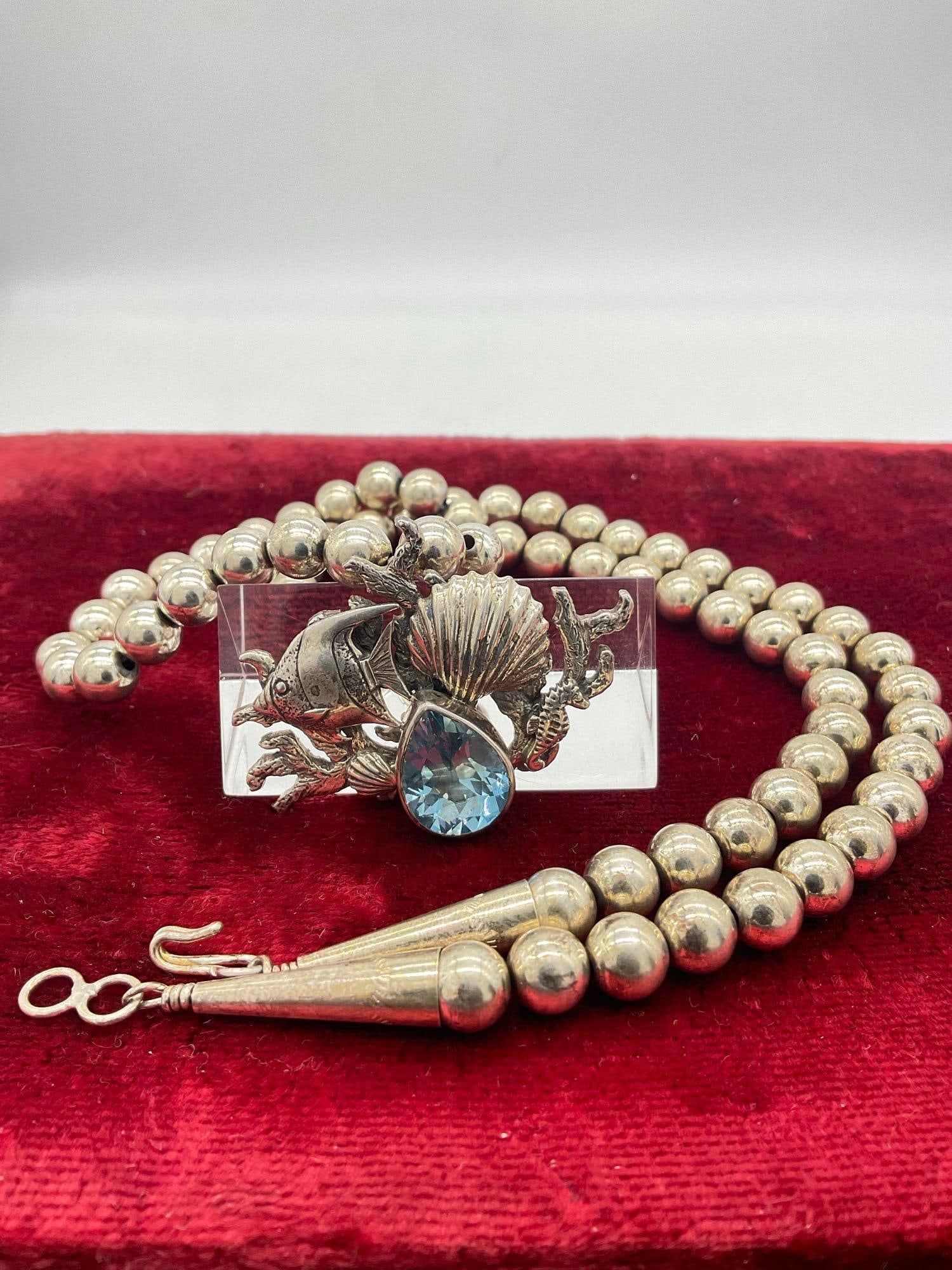 Amazing sterling silver Carol Felley Aquatic motif blue topaz statement necklace: Approx 56 grams ttw and approx 22"in length Jc-5320 