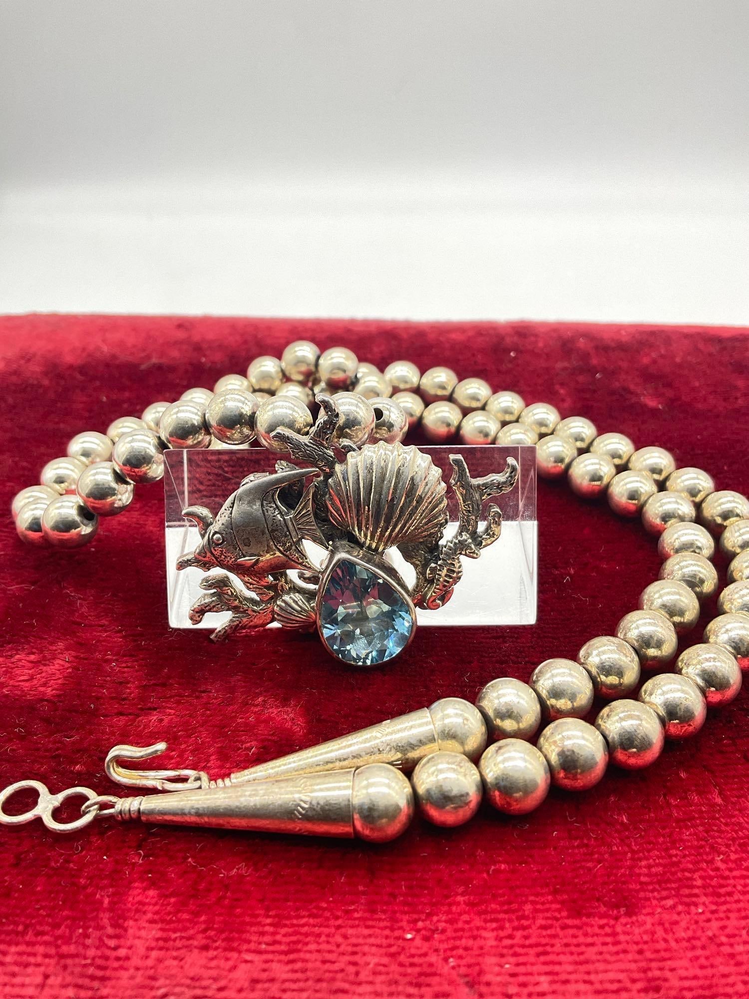 Amazing sterling silver Carol Felley Aquatic motif blue topaz statement necklace - 2