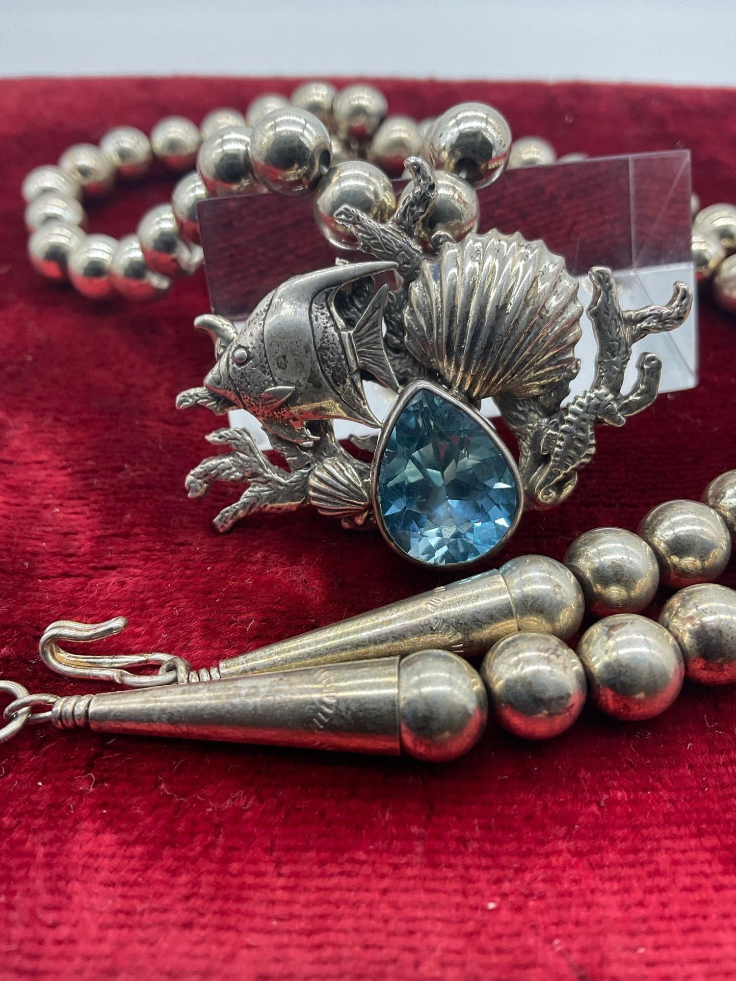 Amazing sterling silver Carol Felley Aquatic motif blue topaz statement necklace - 3