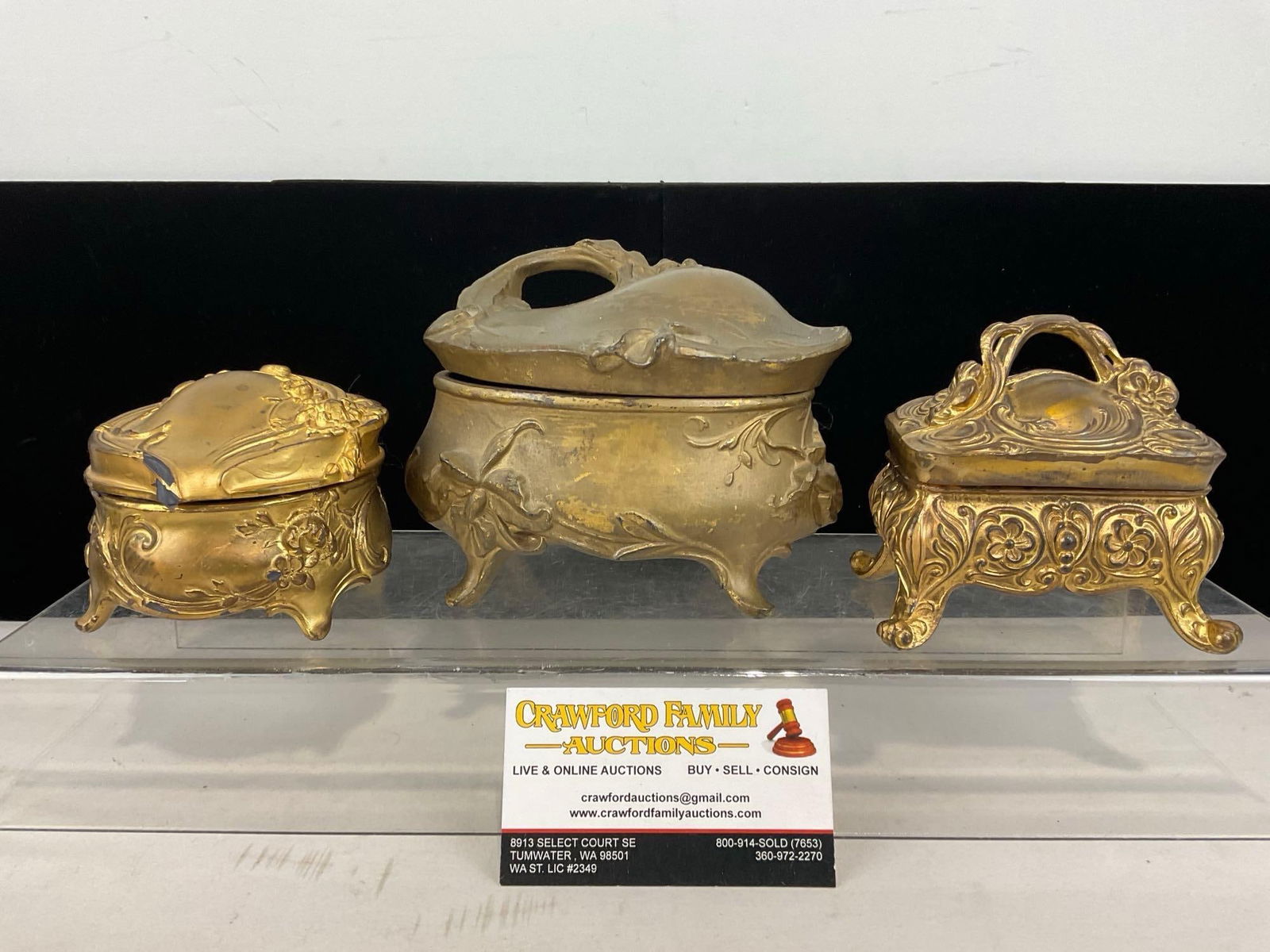 3 Gold Toned Art Nouveau Metal Jewelry/Trinket Boxes, 7h x 10w x 10d inches (1 of 4)