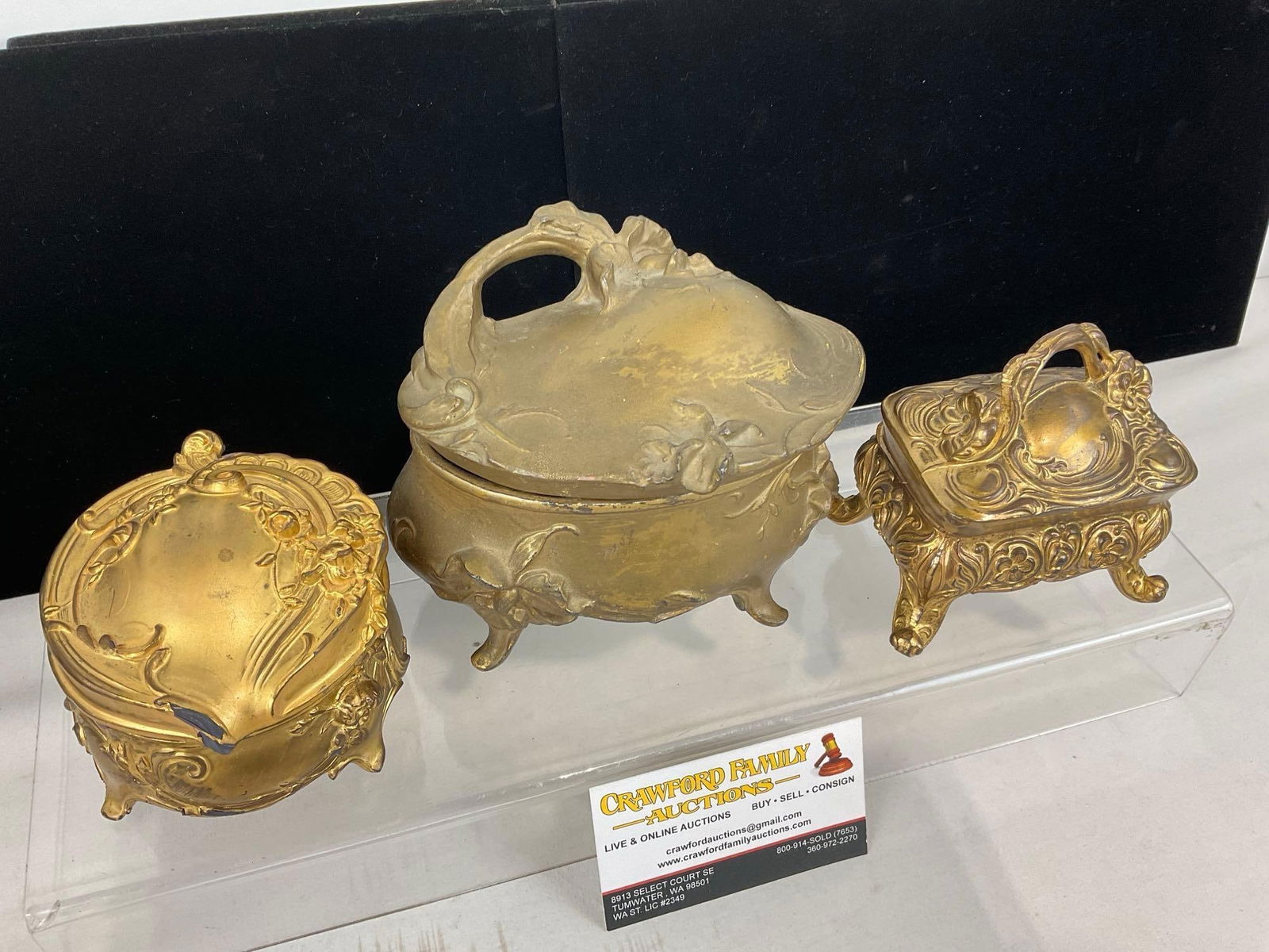 3 Gold Toned Art Nouveau Metal Jewelry/Trinket Boxes, 7h x 10w x 10d inches - 2