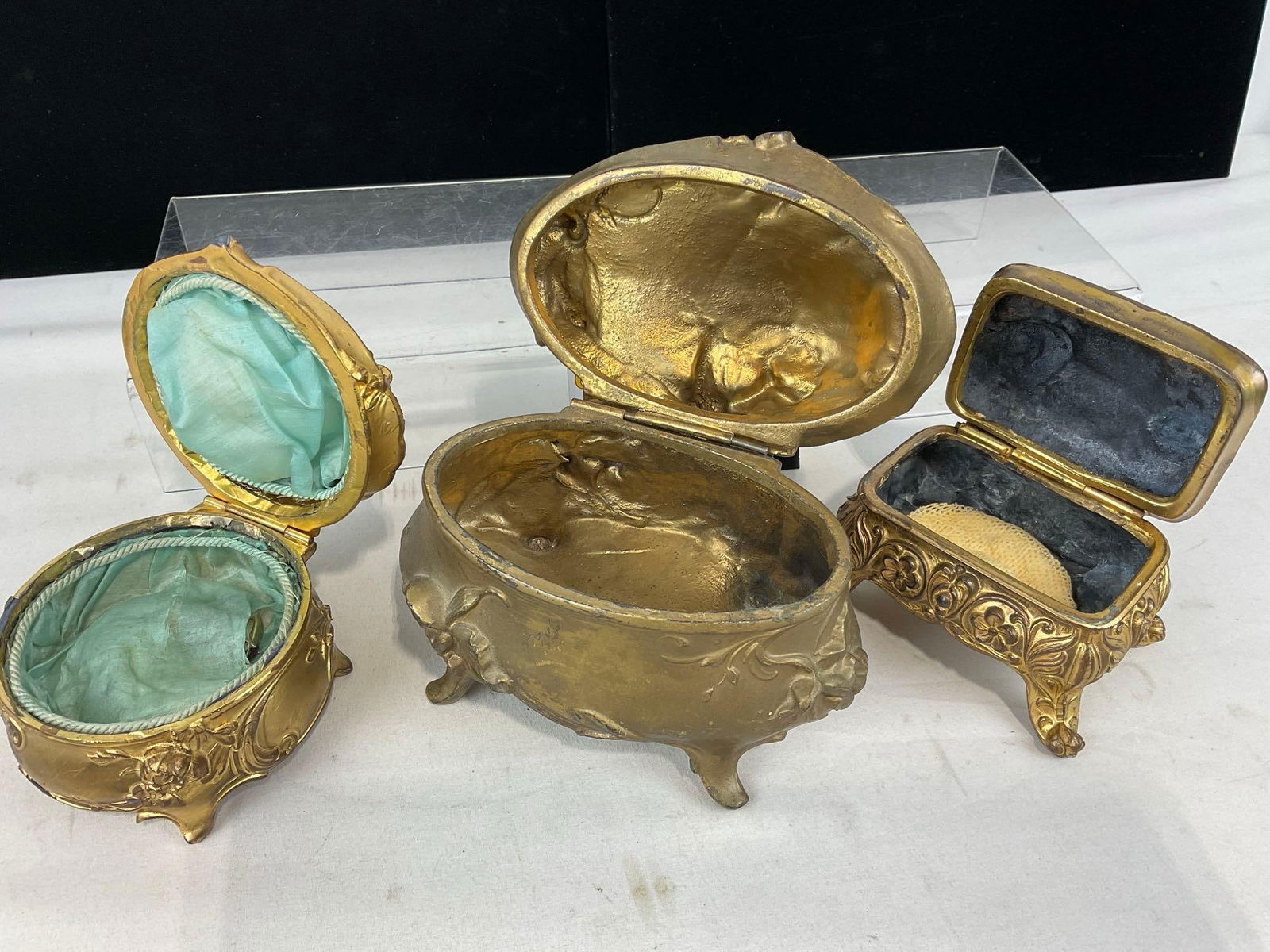 3 Gold Toned Art Nouveau Metal Jewelry/Trinket Boxes, 7h x 10w x 10d inches - 3