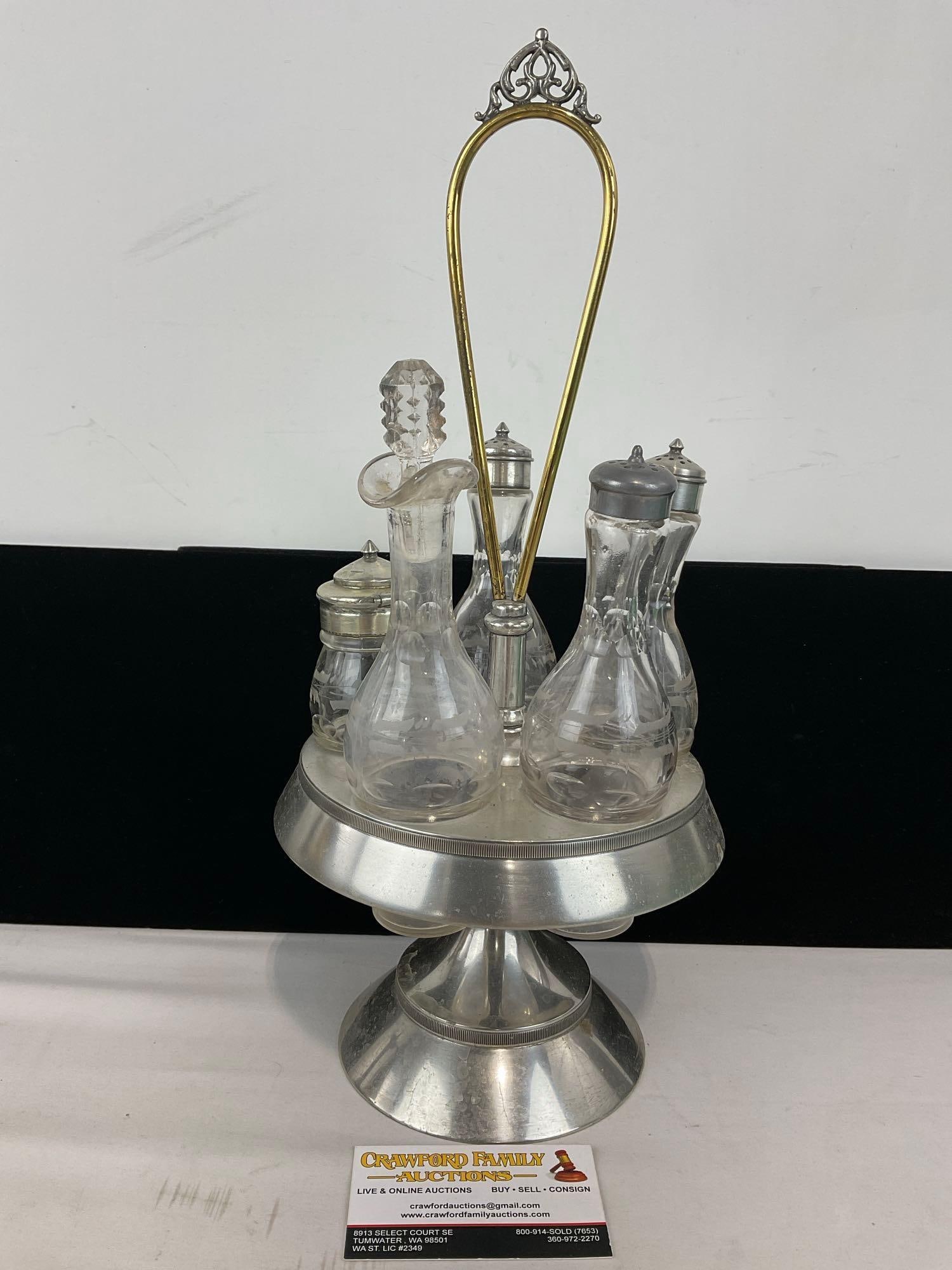 Vintage Middletown Plate Co Quadruple Plate Cruet Set, 3 Tall Shakers, 1 Screw Top Lid & 1 w/Stop...: Appears to be in good shape. The piece measures approx 17h x 8w x 8d inches. See pics. E-5440