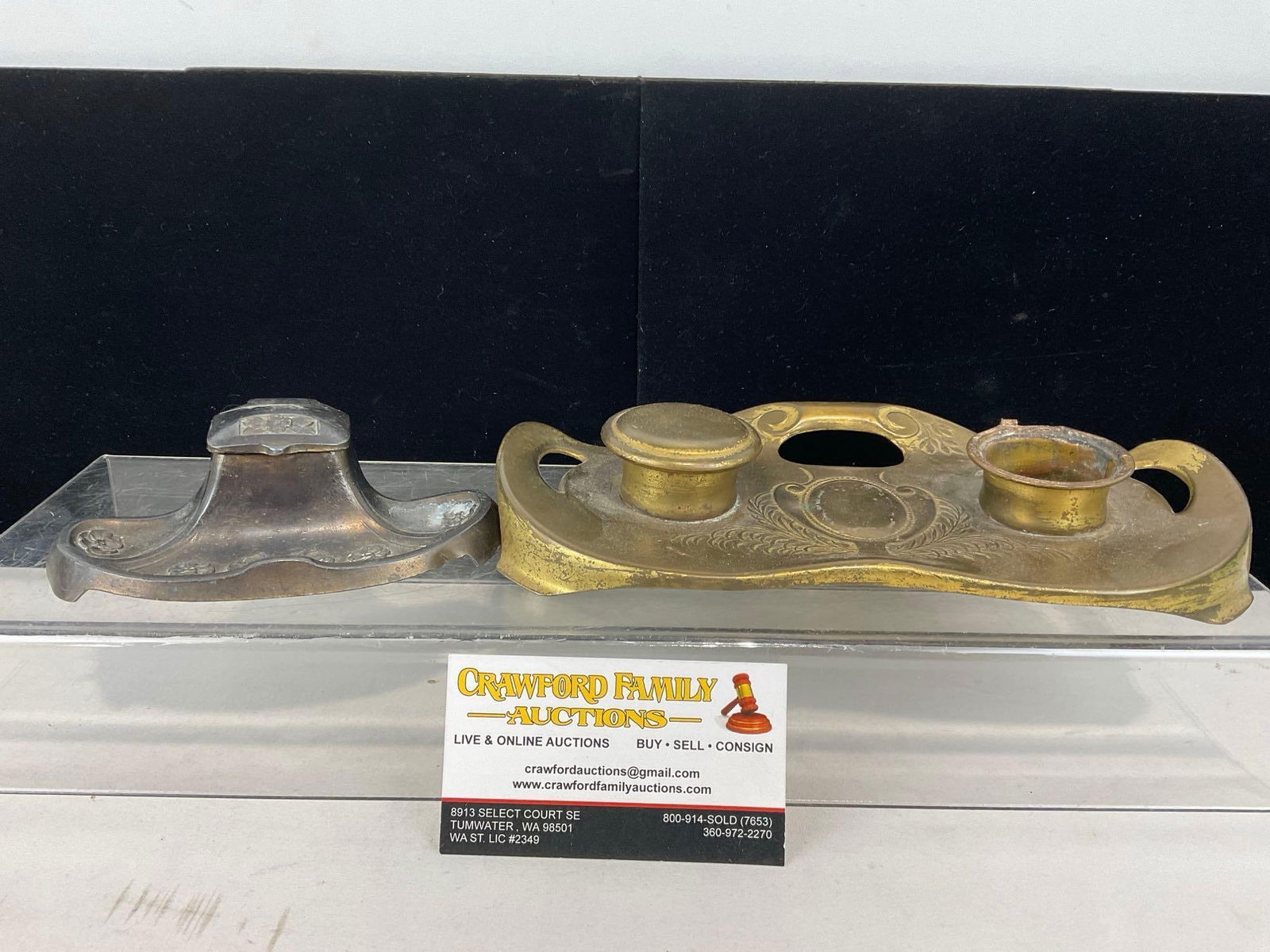 Antique Art Nouveau style Inkwell Desk Tray Silver Plated Piece & Double Brass piece (1 of 4)