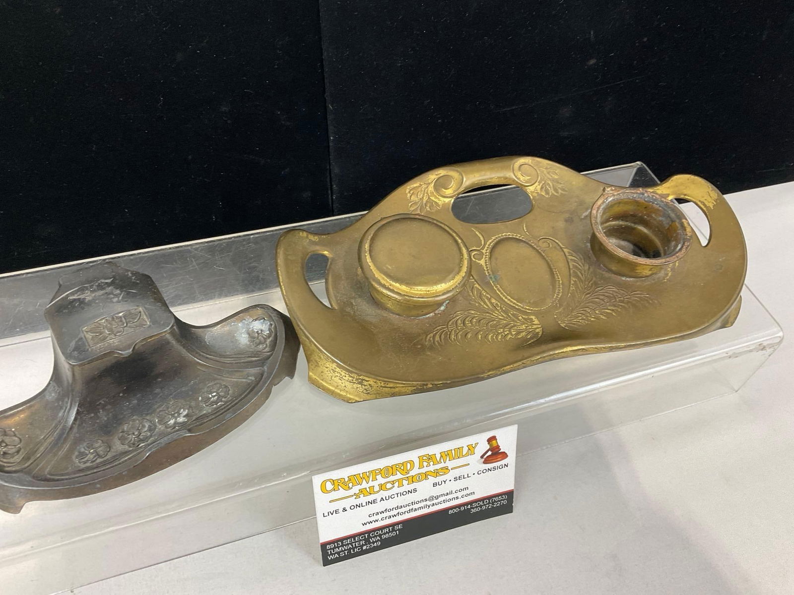 Antique Art Nouveau style Inkwell Desk Tray Silver Plated Piece & Double Brass piece - 2