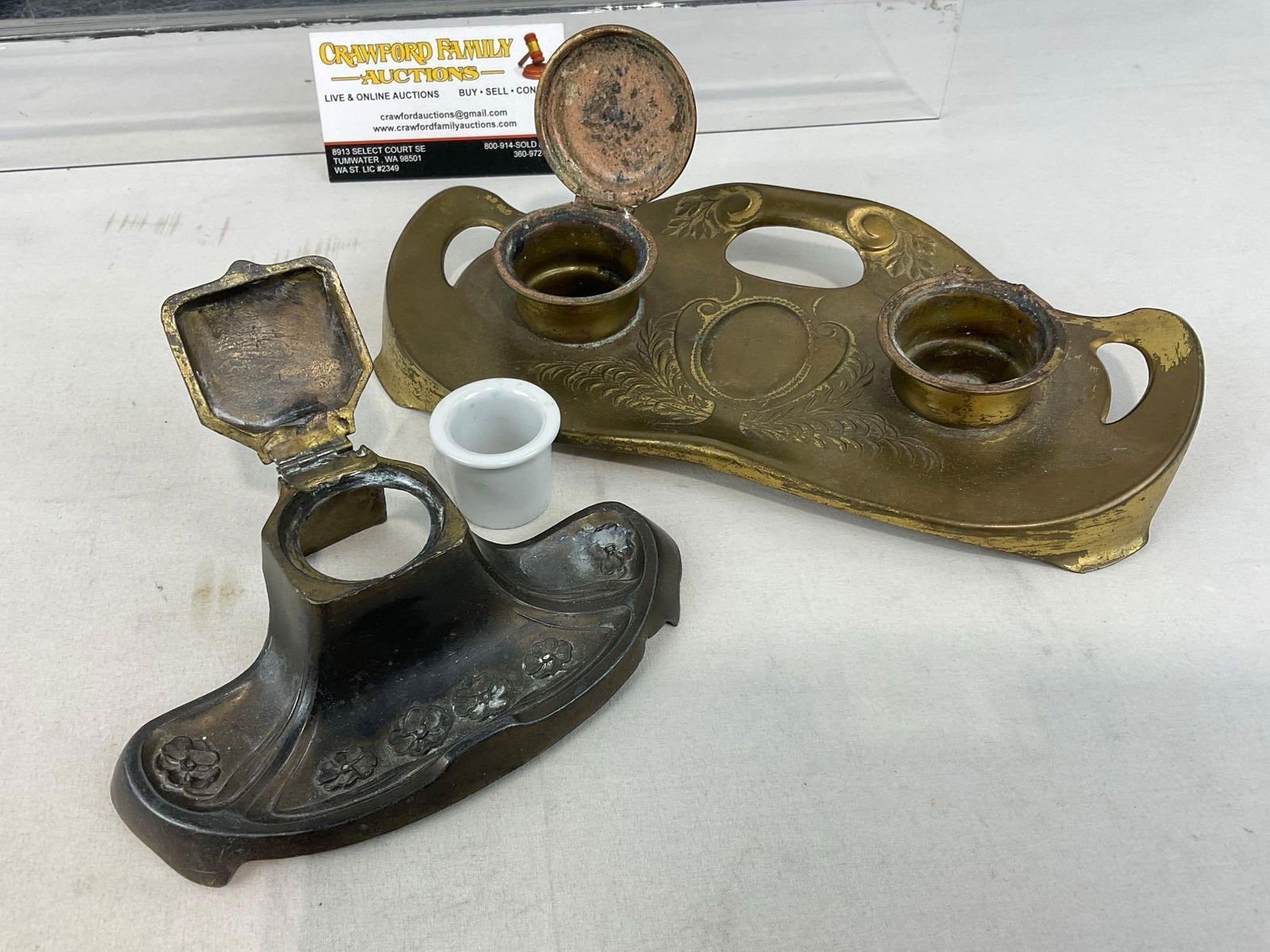 Antique Art Nouveau style Inkwell Desk Tray Silver Plated Piece & Double Brass piece - 3