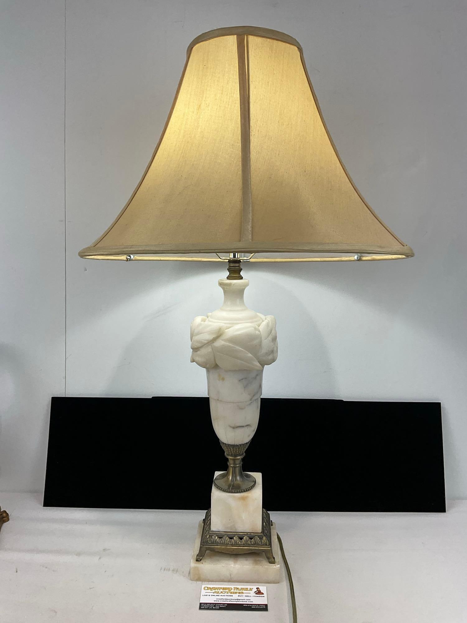 Antique Carved Marble/Alabaster Table Lamp w/ Wreath Motif, Bronze Base, tested & working (1 of 5)