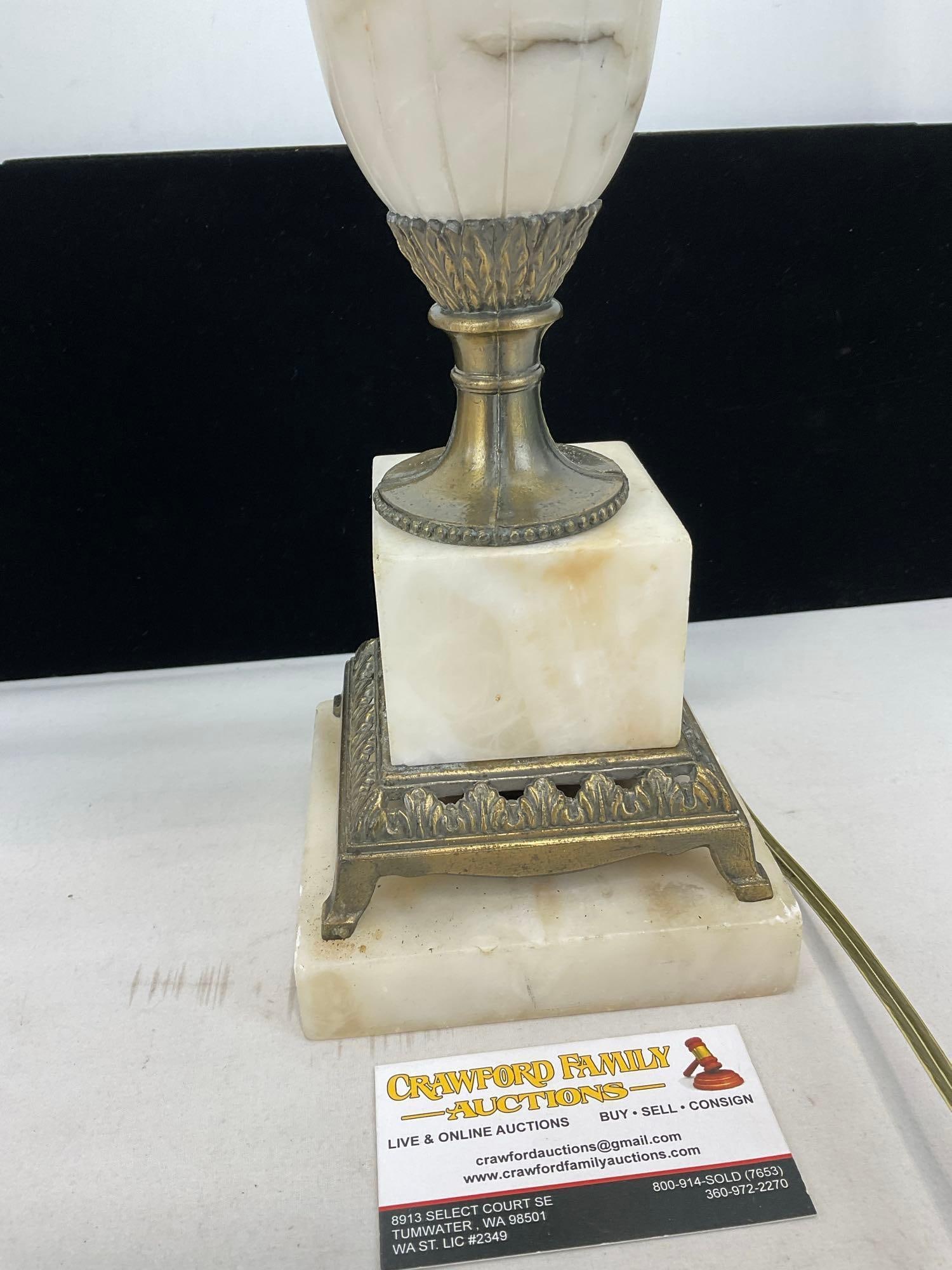 Antique Carved Marble/Alabaster Table Lamp w/ Wreath Motif, Bronze Base, tested & working - 3