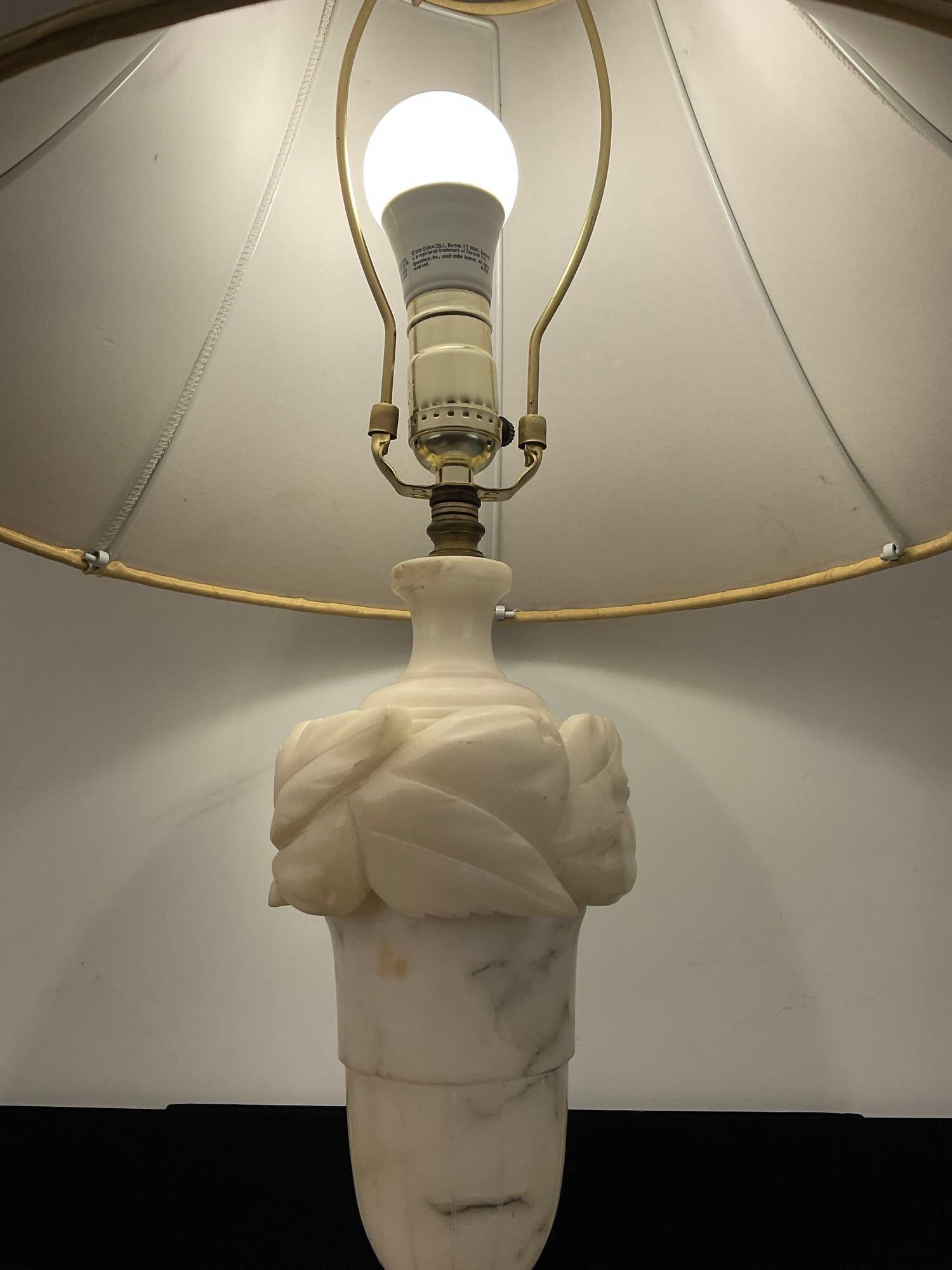 Antique Carved Marble/Alabaster Table Lamp w/ Wreath Motif, Bronze Base, tested & working - 4