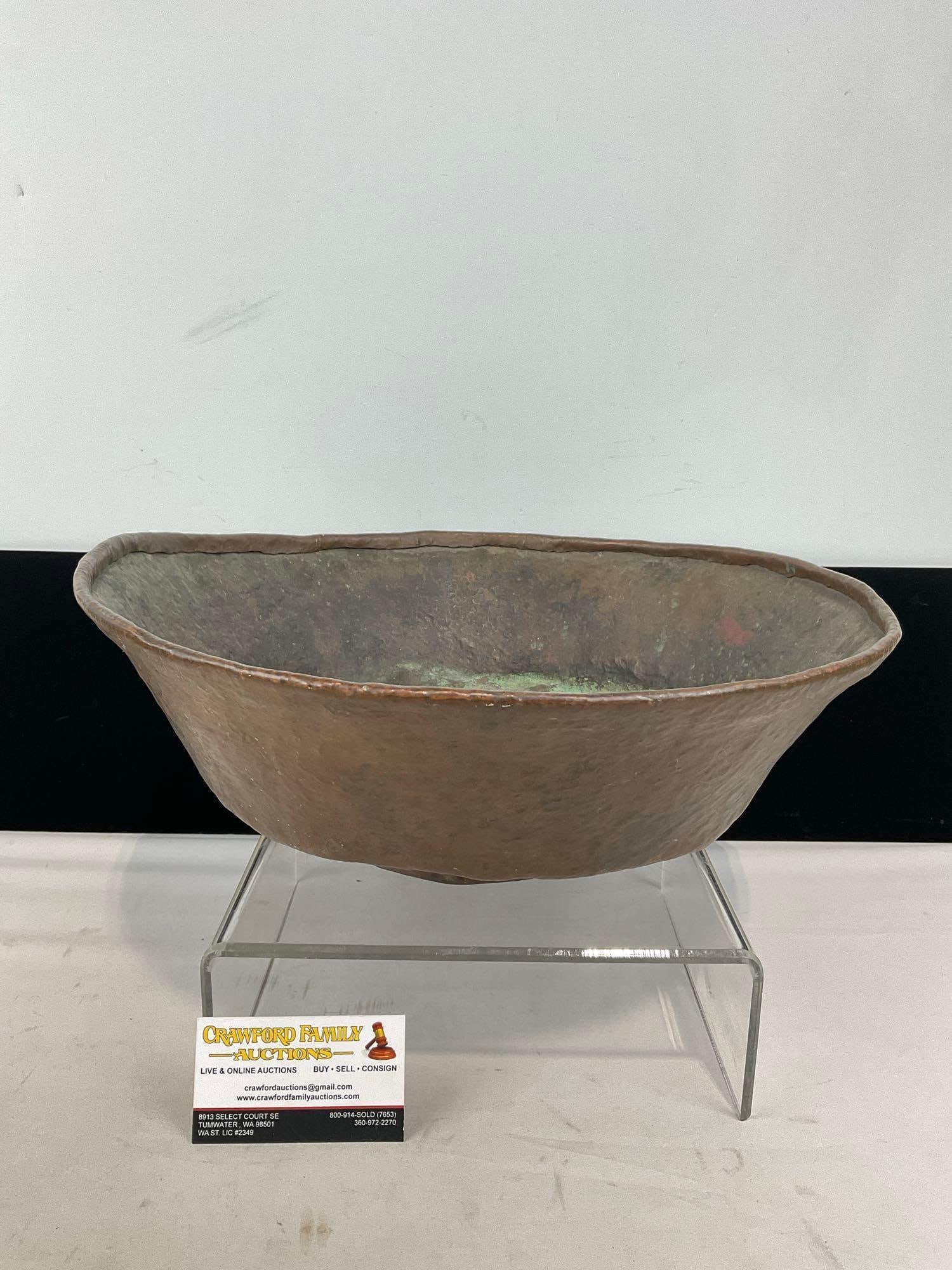 Antique Primitive style Copper Bowl, 7h x 16w x 17d inches, rough ripples in bottom (1 of 4)