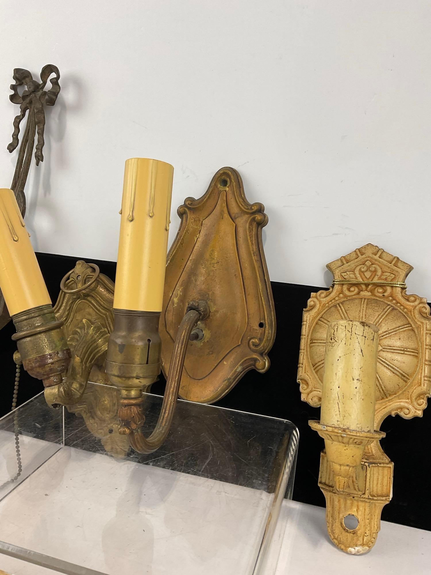 Collection of Vintage Cast Metal Electric Wall Sconces, Double piece, 4 single pieces - 3