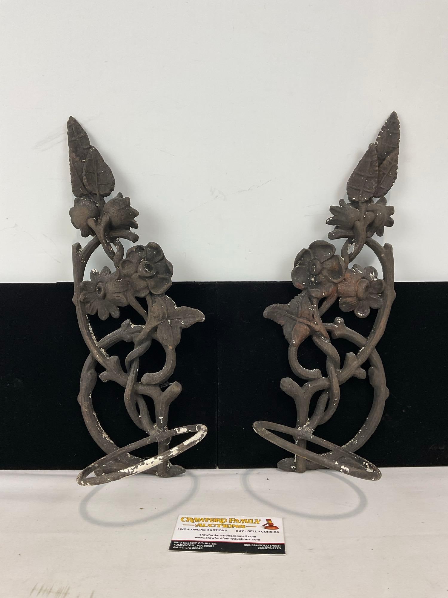Pair of Cast Iron Wall Planter Ring Holders, 16h x 8w x 8d inches: Appears to be in good shape. The piece measures approx 16h x 8w x 8d inches. See pics. E-5440