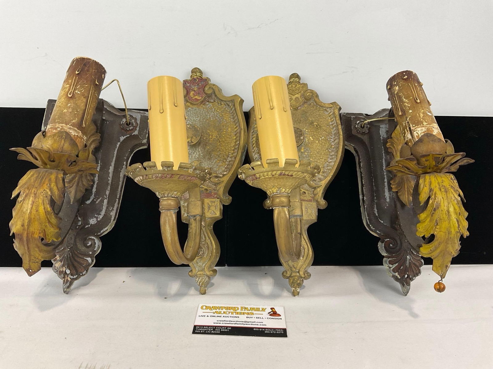 2 Pairs of Antique Cast Metal Electric Lamp Wall Sconces, Faux Candle socket covers, 12h x 15w x 9d: Appears to be in good shape. The piece measures approx 12h x 15w x 9d inches. See pics. E-5440