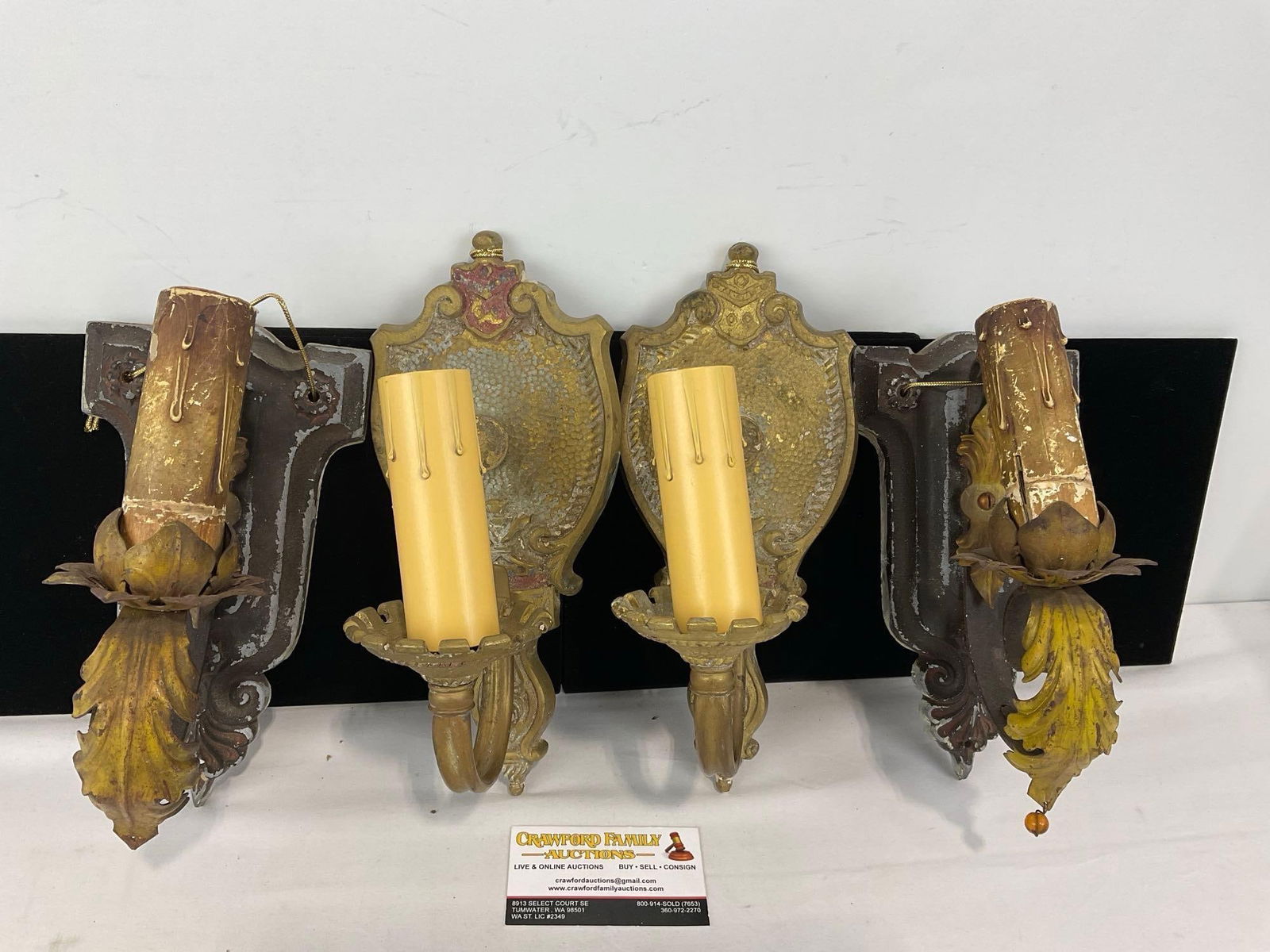 2 Pairs of Antique Cast Metal Electric Lamp Wall Sconces, Faux Candle socket covers, 12h x 15w x 9d - 2