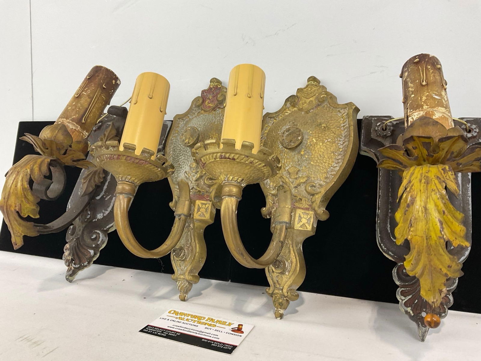 2 Pairs of Antique Cast Metal Electric Lamp Wall Sconces, Faux Candle socket covers, 12h x 15w x 9d - 3