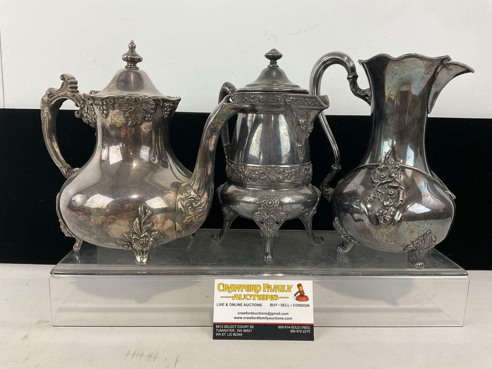 3x Quadruple Silver Plate Eureka Silver Co, Reed & Barton, & Adelphi Silver Co. pieces: Teapot, Coffeepot & Pitcher. Appears to be in good shape. The piece measures approx 12h x 14w x 6d inches. See pics. E-5440