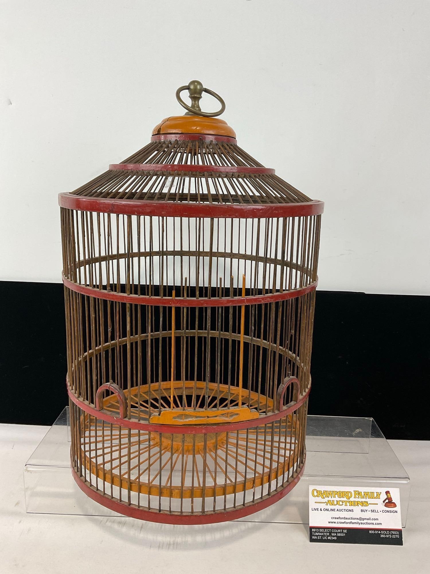 Antique Lightweight Bird Cage, Thin Cane Spokes, and Wood Rings, 16h x 10w x 10d inches (1 of 5)