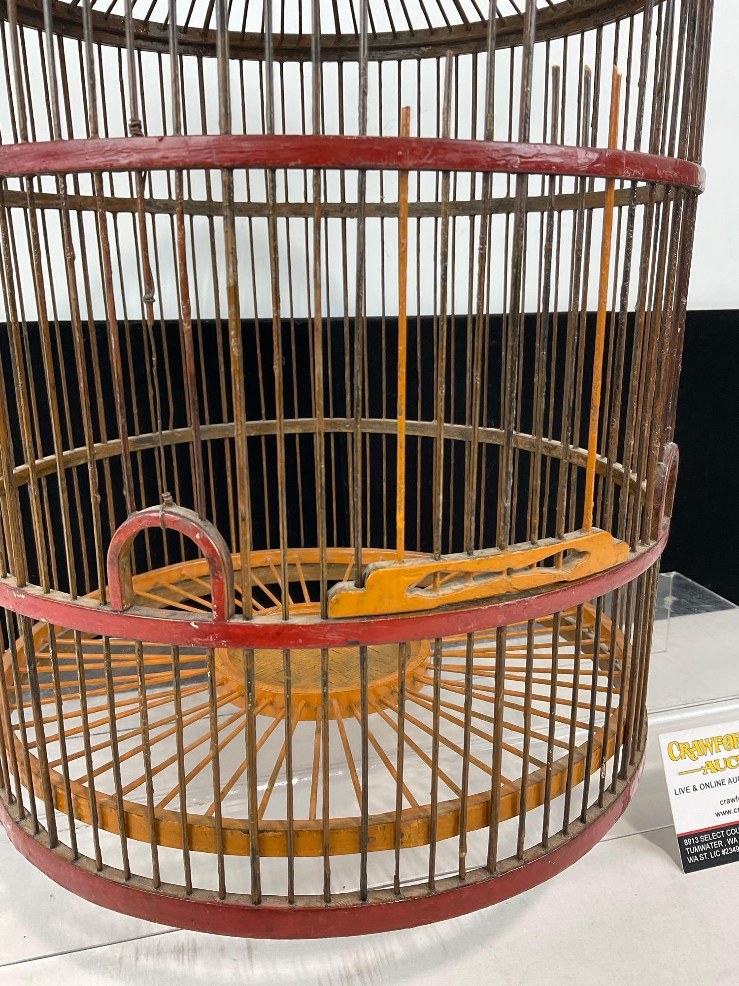 Antique Lightweight Bird Cage, Thin Cane Spokes, and Wood Rings, 16h x 10w x 10d inches - 2
