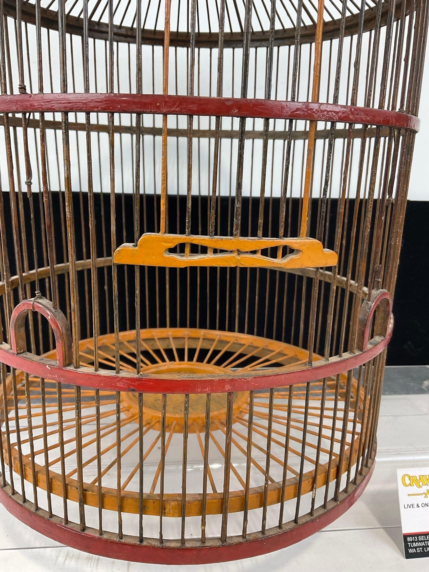 Antique Lightweight Bird Cage, Thin Cane Spokes, and Wood Rings, 16h x 10w x 10d inches - 3