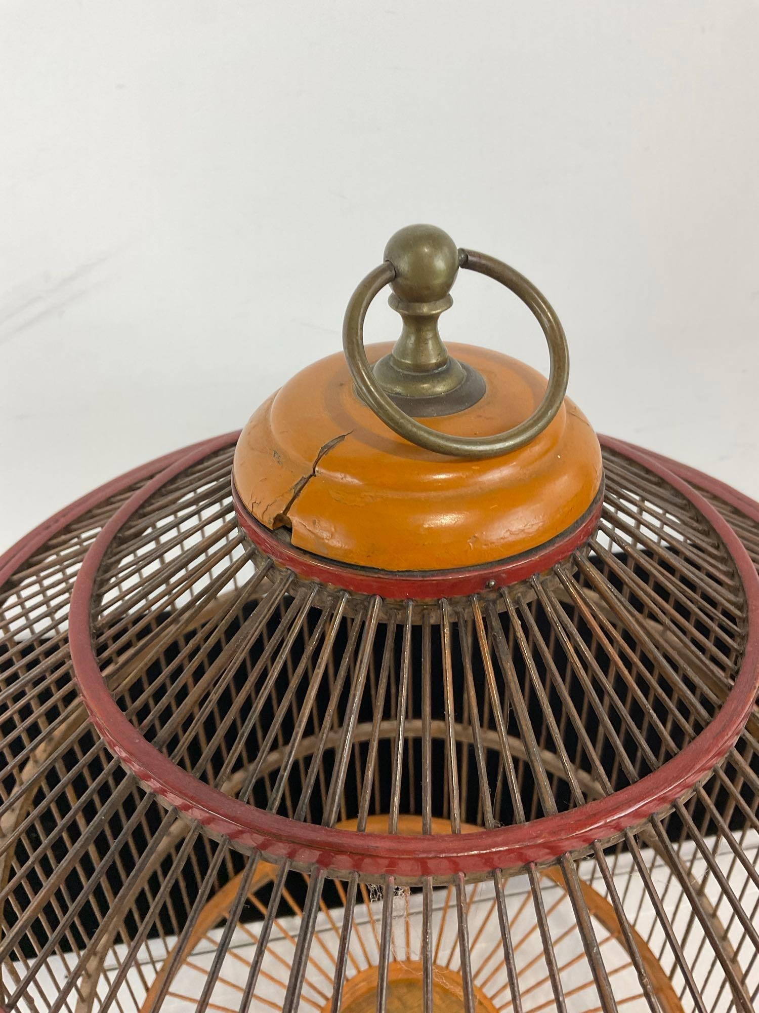 Antique Lightweight Bird Cage, Thin Cane Spokes, and Wood Rings, 16h x 10w x 10d inches - 4