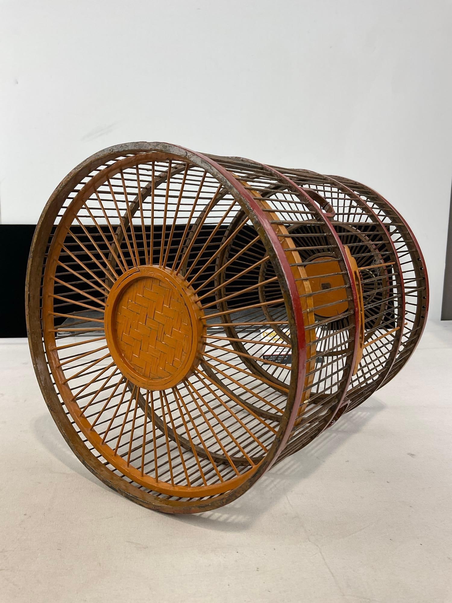 Antique Lightweight Bird Cage, Thin Cane Spokes, and Wood Rings, 16h x 10w x 10d inches - 5