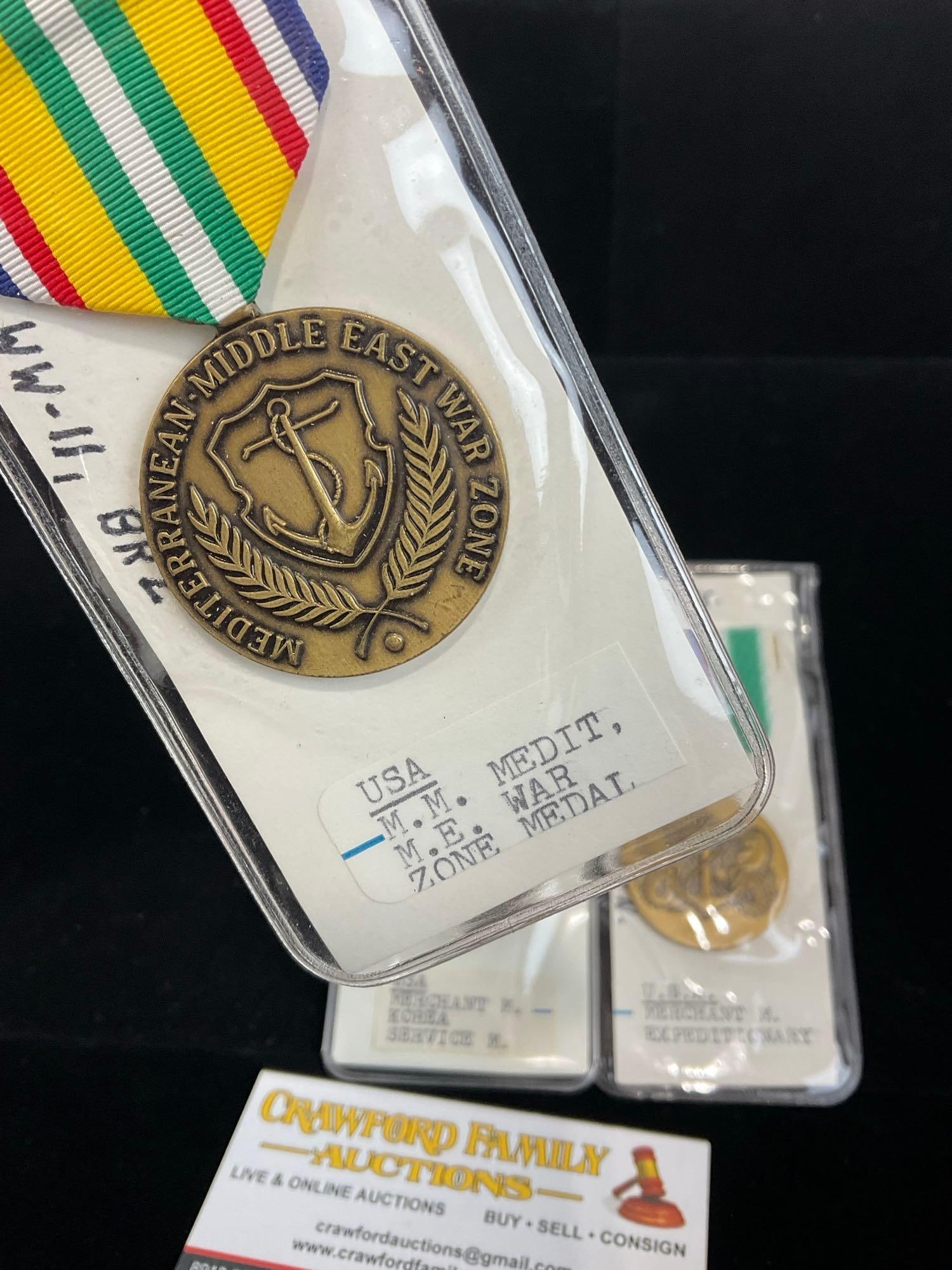 3 US Merchant Marines Medals, War Zone Medal, Korea Service & Expeditionary Medal - 2