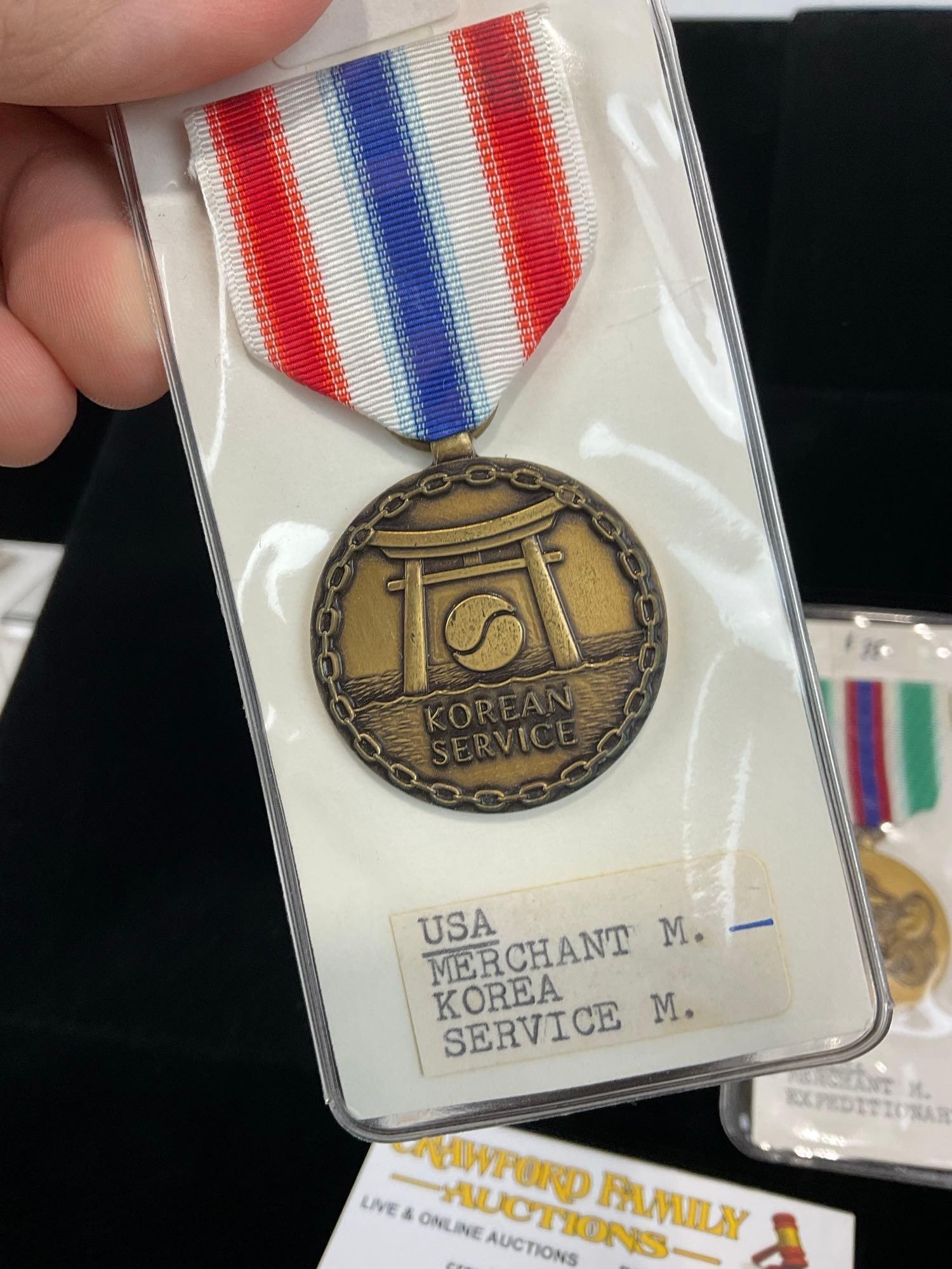 3 US Merchant Marines Medals, War Zone Medal, Korea Service & Expeditionary Medal - 3