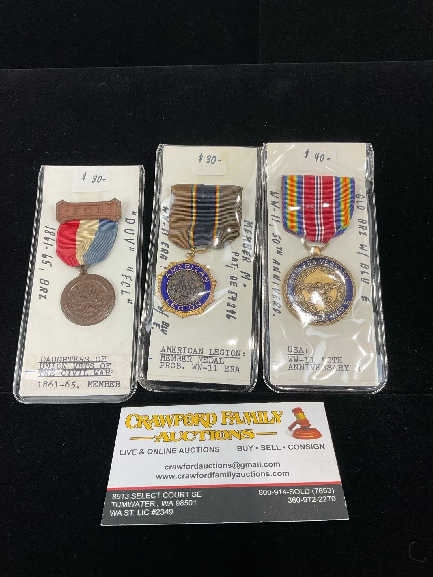 3 US Medals, Daughters of Union Vets of the Civil War, American Legion WW2 & WW2 50th Anniversary: All from a single collection, these are briefly described on the tag and were kept in a display. They measure approx 6h x 3w x 2d inches. See pics. E-5300