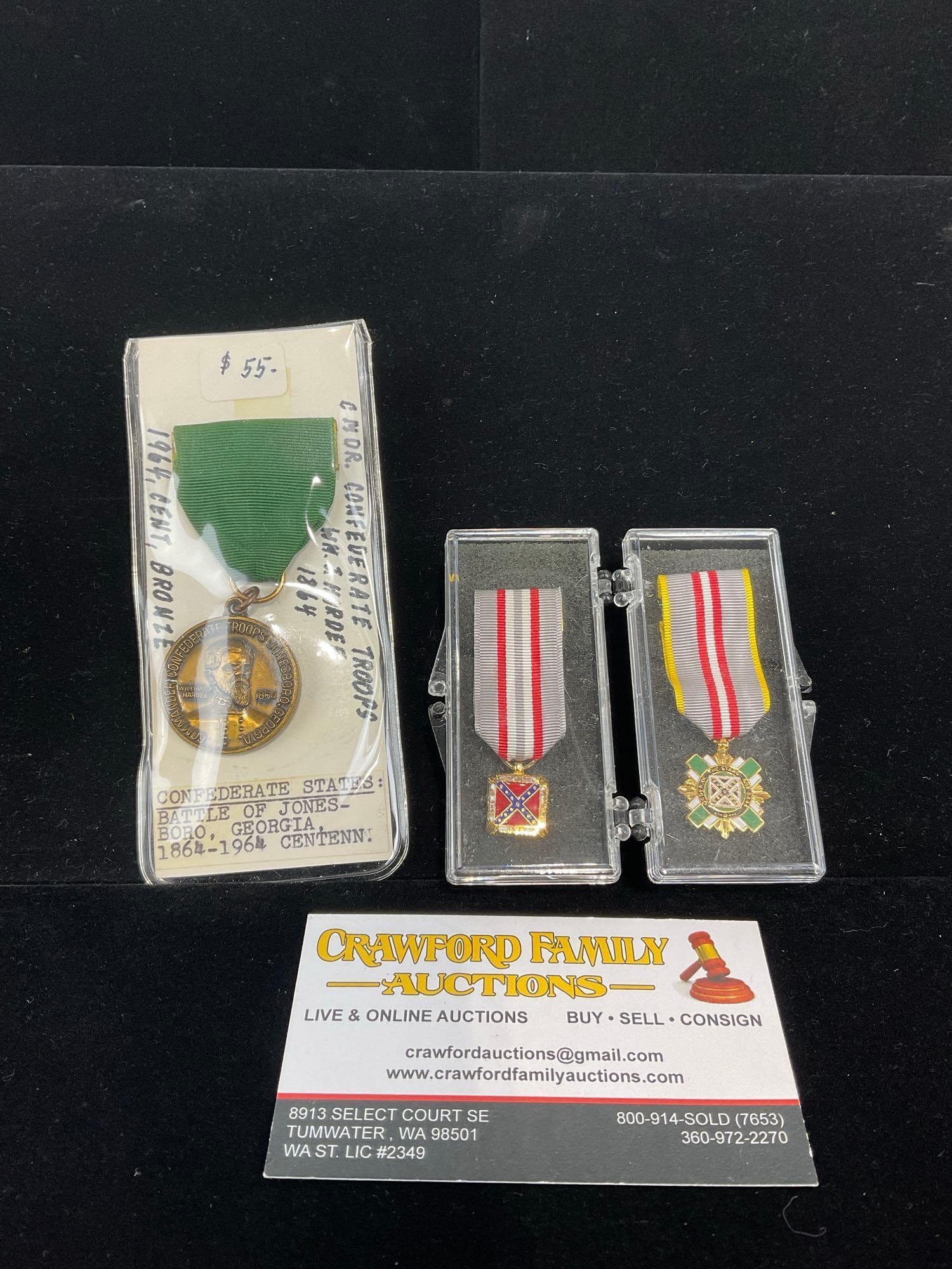 Confederate States Battle of Jonesboro, GA Centen. Sons of Confed Vets, & Order of the Stars & Bars: All from a single collection, these are briefly described on the tag and were kept in a display. They measure approx 6h x 3w x 2d inches. See pics. E-5300 