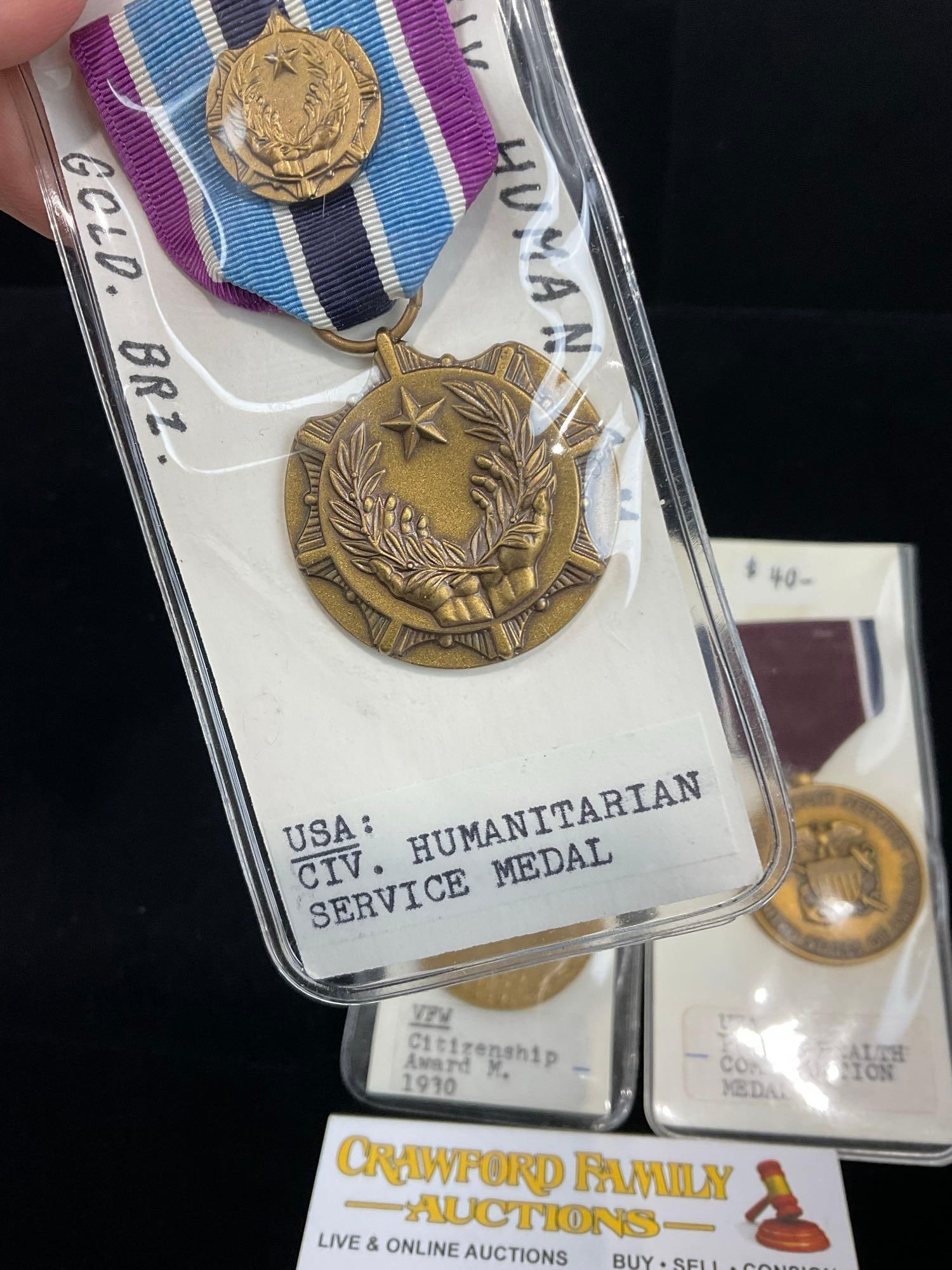 3 US Medals, USA Civ. Humanitarian Serv, Public Health Commendation, & Citizenship Award 1930 - 2