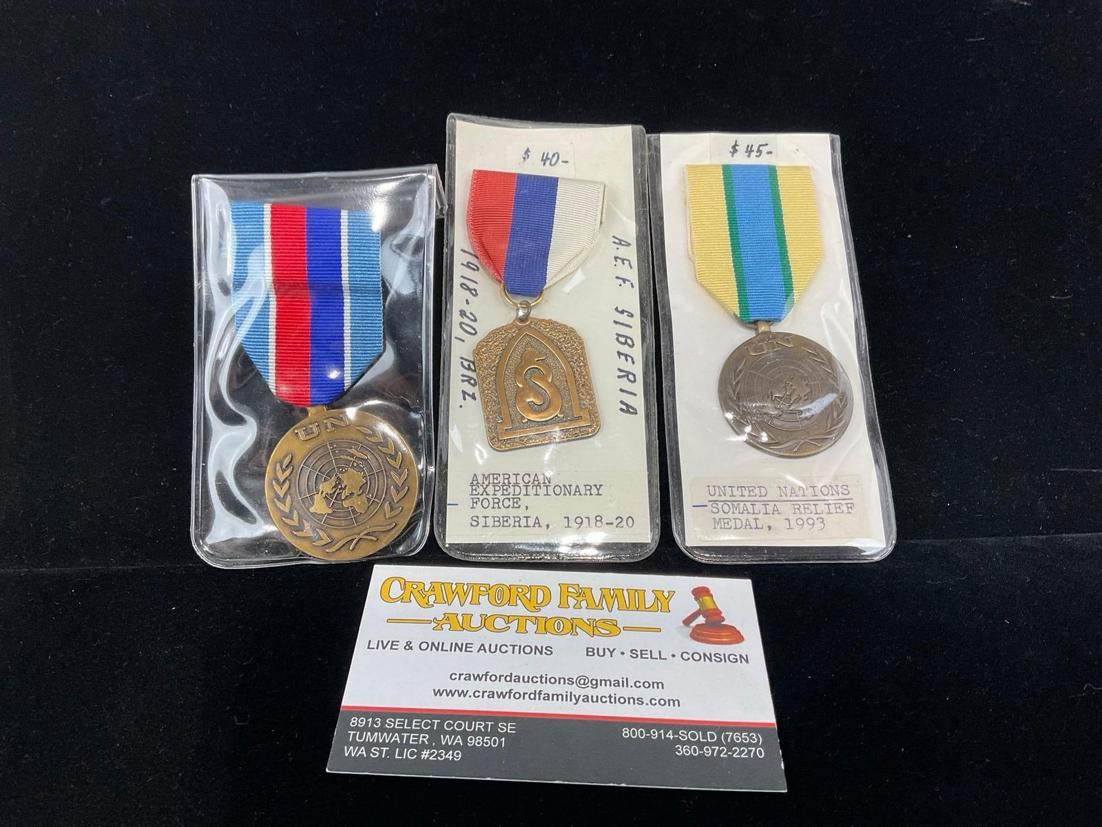 3 US Medals, 2 United Nations, Somalian Relief 1993 & Haiti Relief 1993 & Siberian Exped. Force 1...: All from a single collection, these are briefly described on the tag and were kept in a display. They measure approx 6h x 3w x 2d inches. See pics. E-5300 