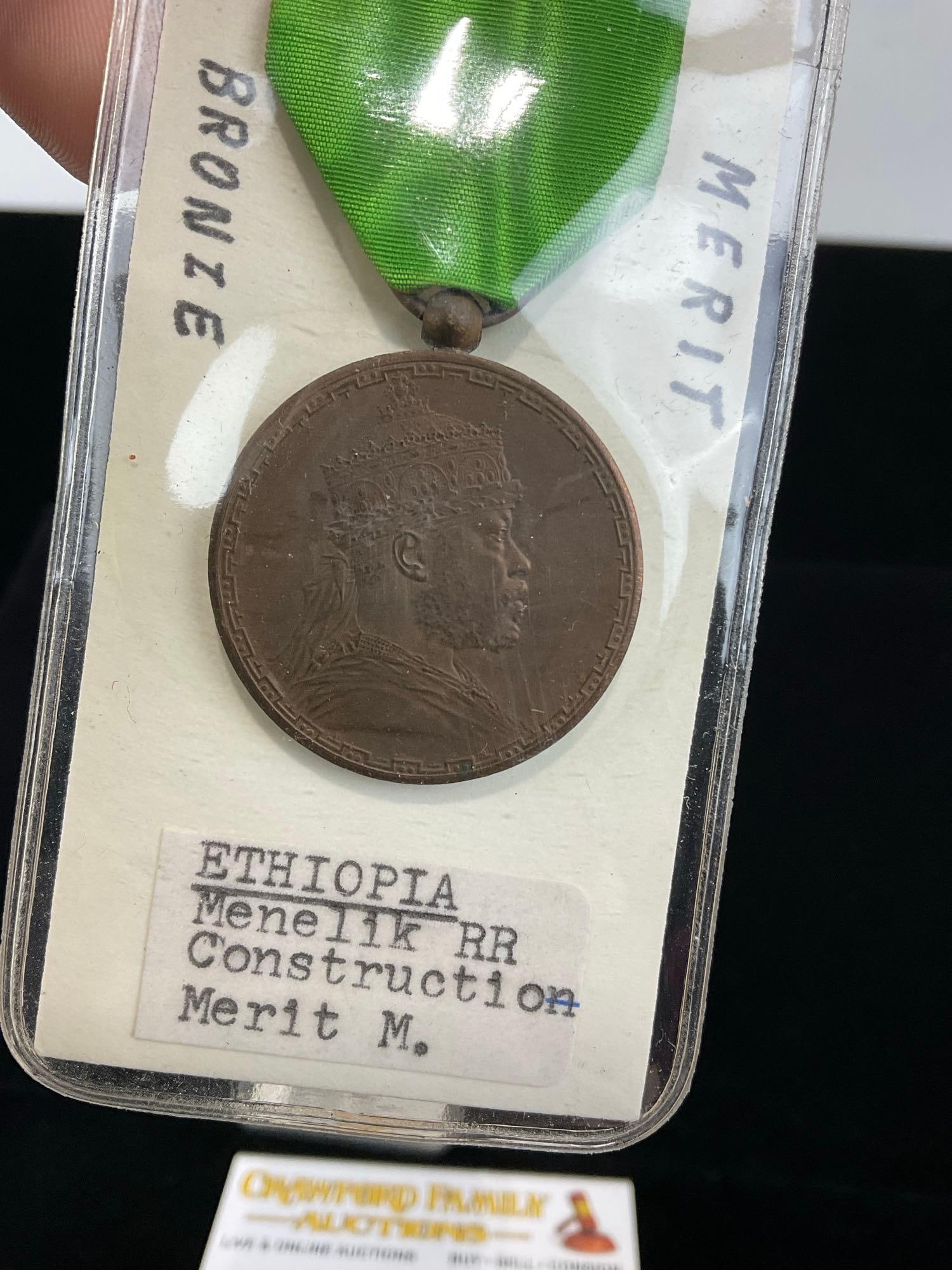 Cameroon Medal of Merit, Gold Tone Metal, & Ethiopia Menelik Railroad Construction Merit Medal - 2