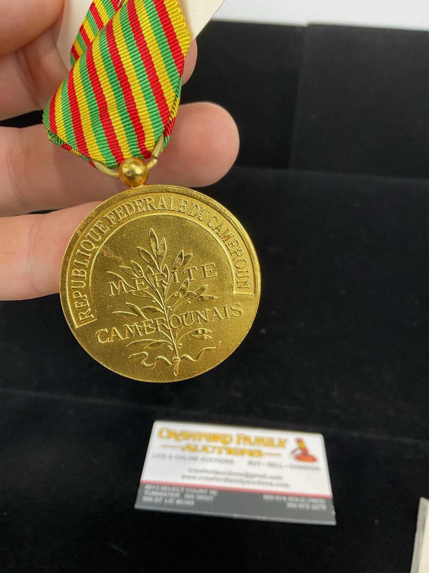 Cameroon Medal of Merit, Gold Tone Metal, & Ethiopia Menelik Railroad Construction Merit Medal - 4