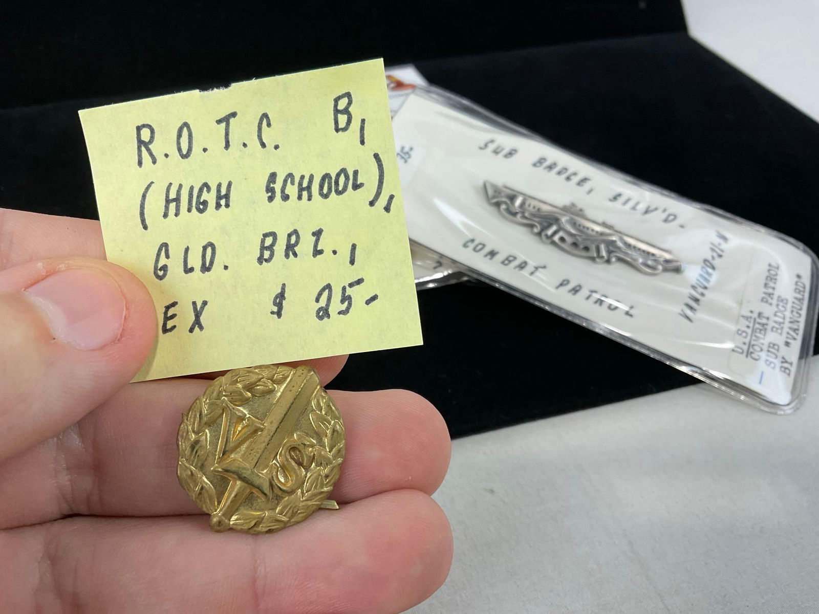 3 Badges, ROTC Badge High School Gilt Bronze, US Combat Patrol Sub Badge & USAF Security Police - 4