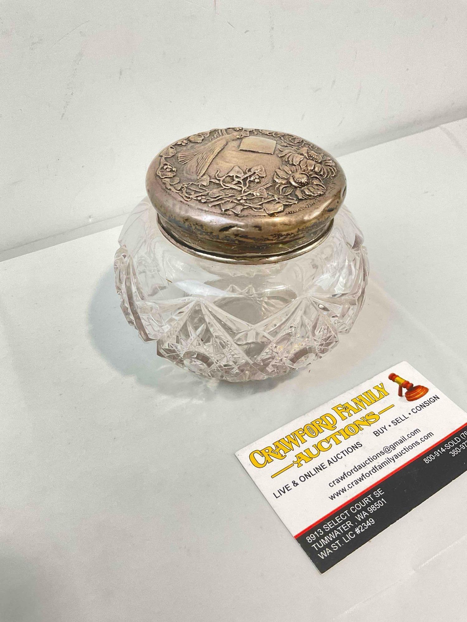 Beautiful Antique Glass Dresser Jar w/ Sterling Silver Lid & Purple Hue. Excellent Condition. - 2