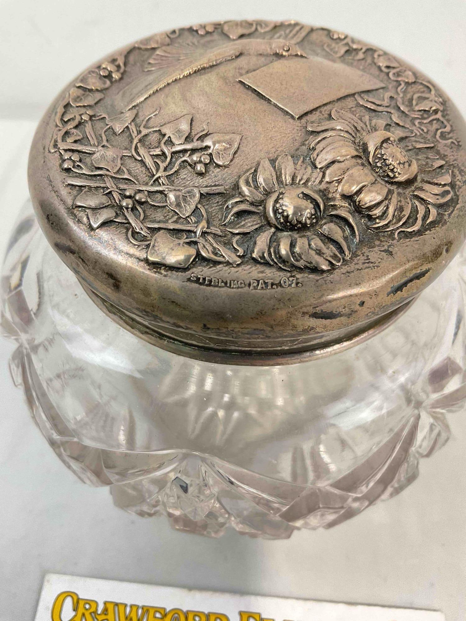Beautiful Antique Glass Dresser Jar w/ Sterling Silver Lid & Purple Hue. Excellent Condition. - 4