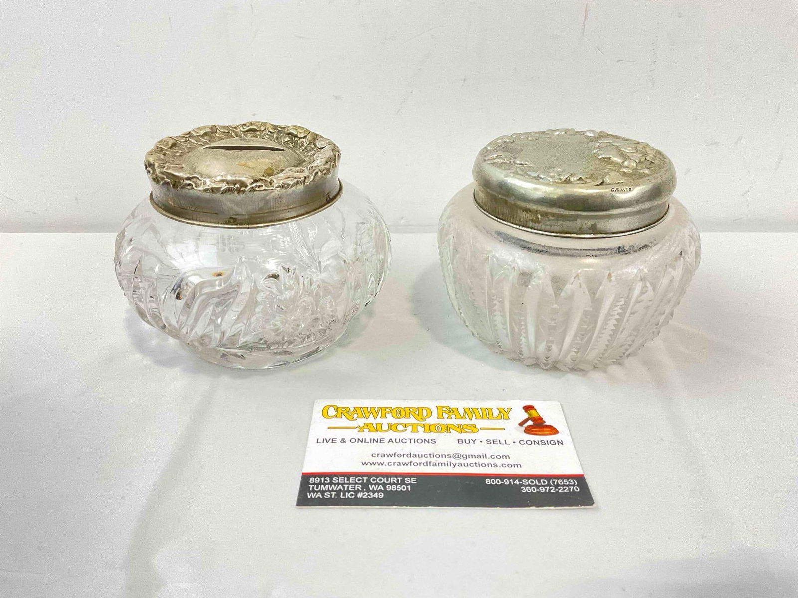 2 pcs Antique Cut Glass Dresser Jars w/ Silver Color Metal Lids, 1x German Silver. Very Good Cond. (1 of 5)