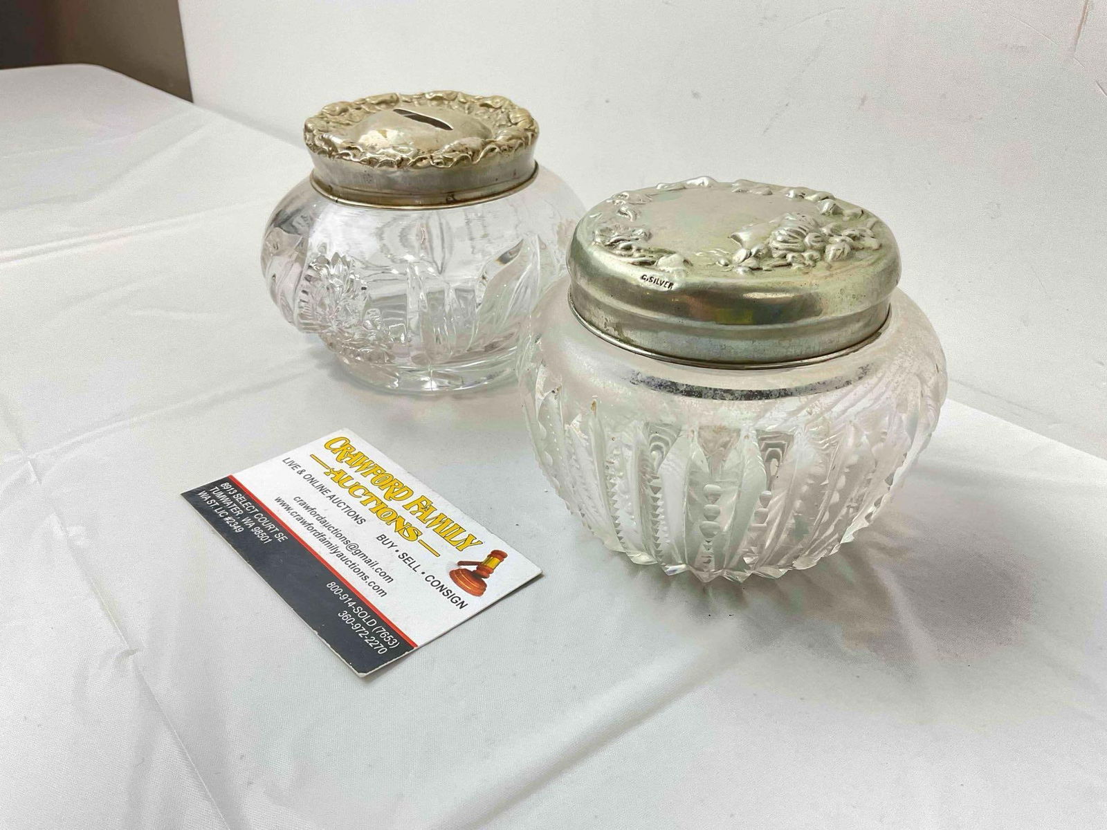 2 pcs Antique Cut Glass Dresser Jars w/ Silver Color Metal Lids, 1x German Silver. Very Good Cond. - 2